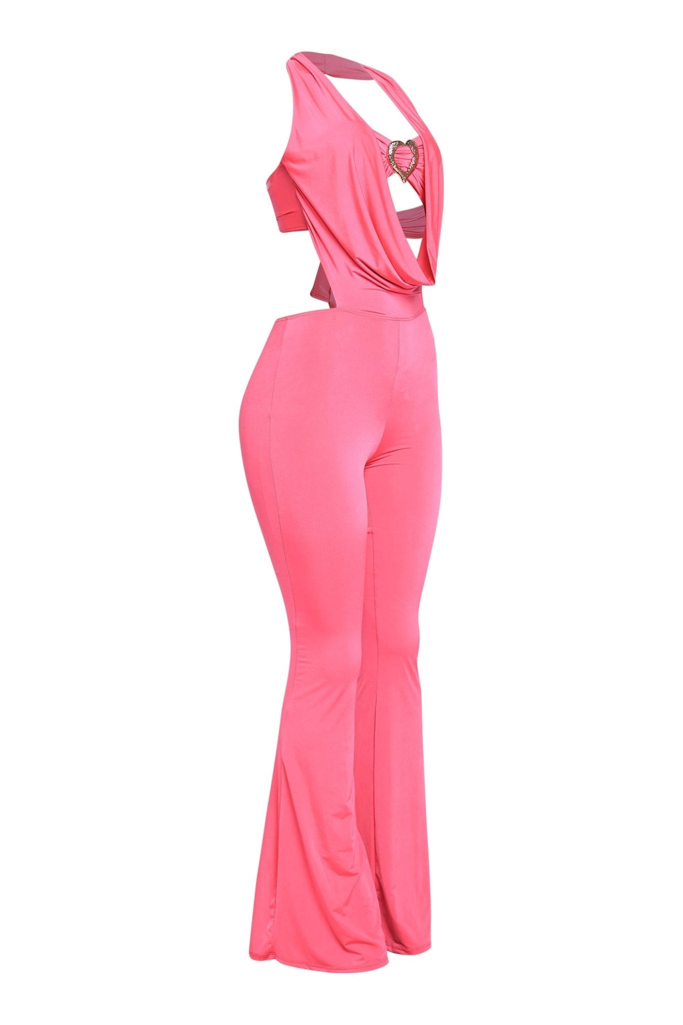 Houston Babe Deep Cowl Neck Gold Heart Halter Jumpsuit