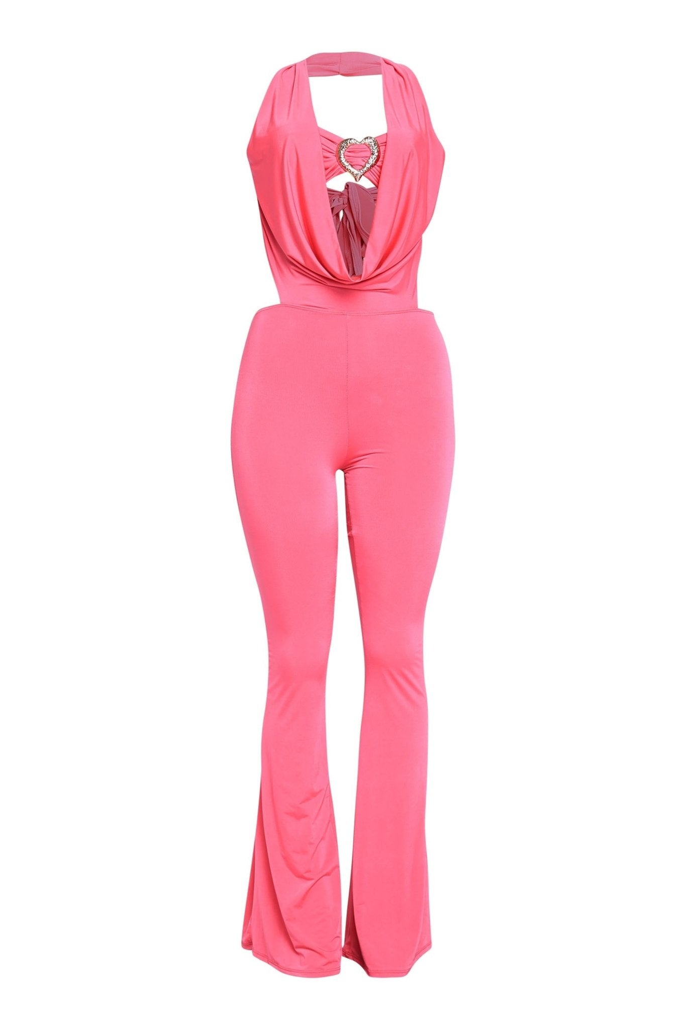 Houston Babe Deep Cowl Neck Gold Heart Halter Jumpsuit