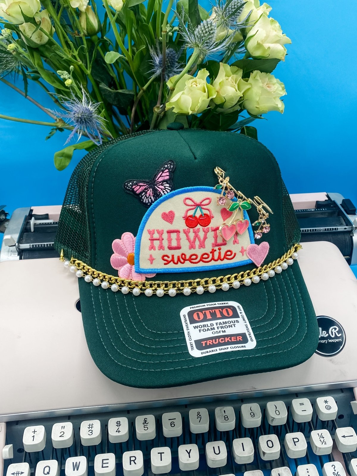 Coco & Rho Howdy Sweetie Charmed V3- Trucker Hat Dark Green — detail close-up