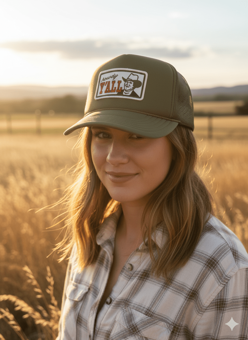 Wild Junkie Howdy Y'all Olive Patch Trucker Hat — Olive detail