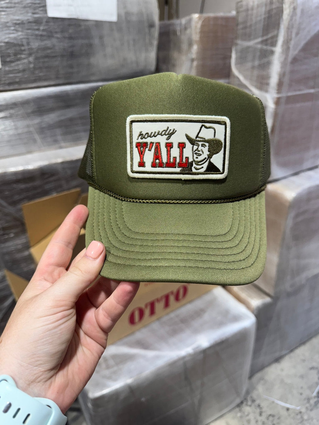 Wild Junkie Howdy Y'all Olive Patch Trucker Hat — main product shot