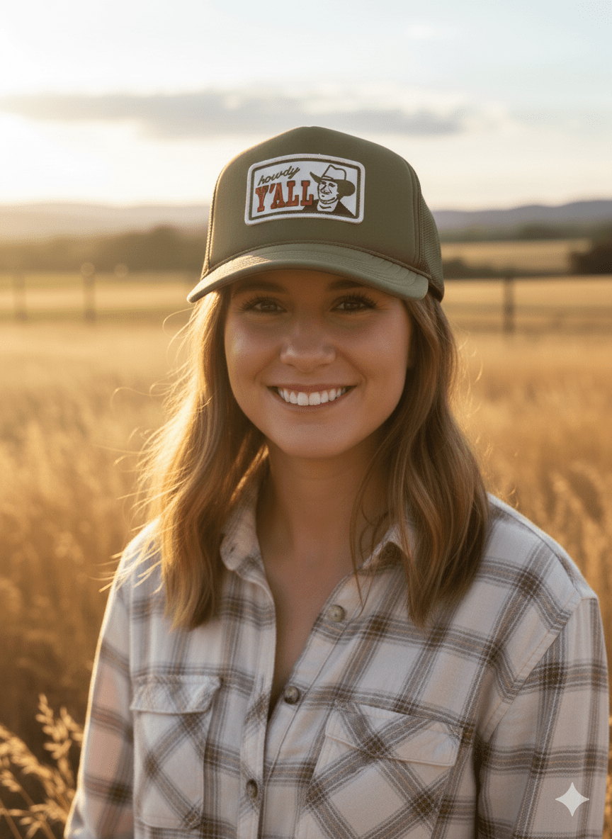 Wild Junkie Howdy Y'all Olive Patch Trucker Hat — hats category context