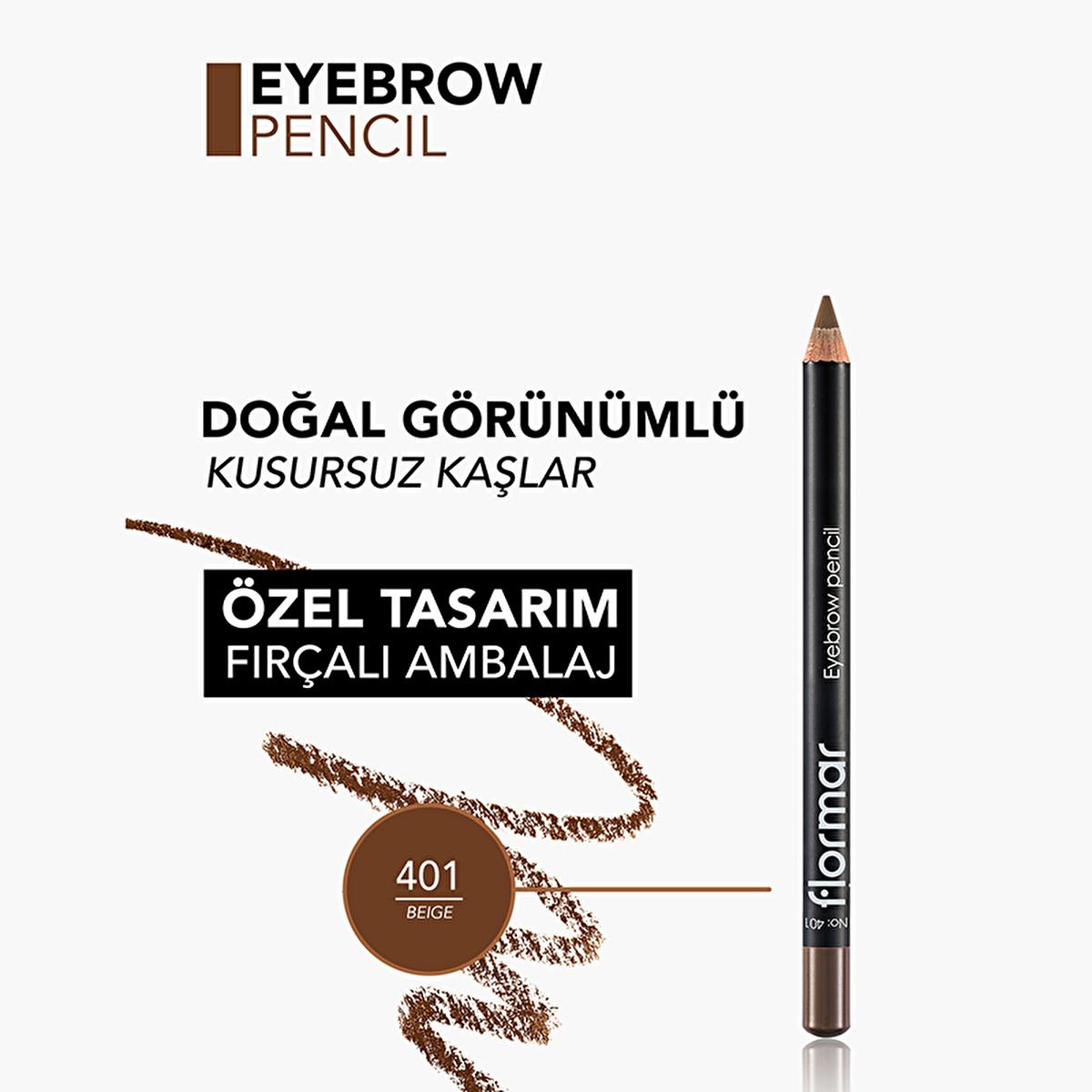 Flormar Eyebrow Pencil with Soft Tip and Built-in Brush - 401 Beige, Natural Eyebrow Makeup