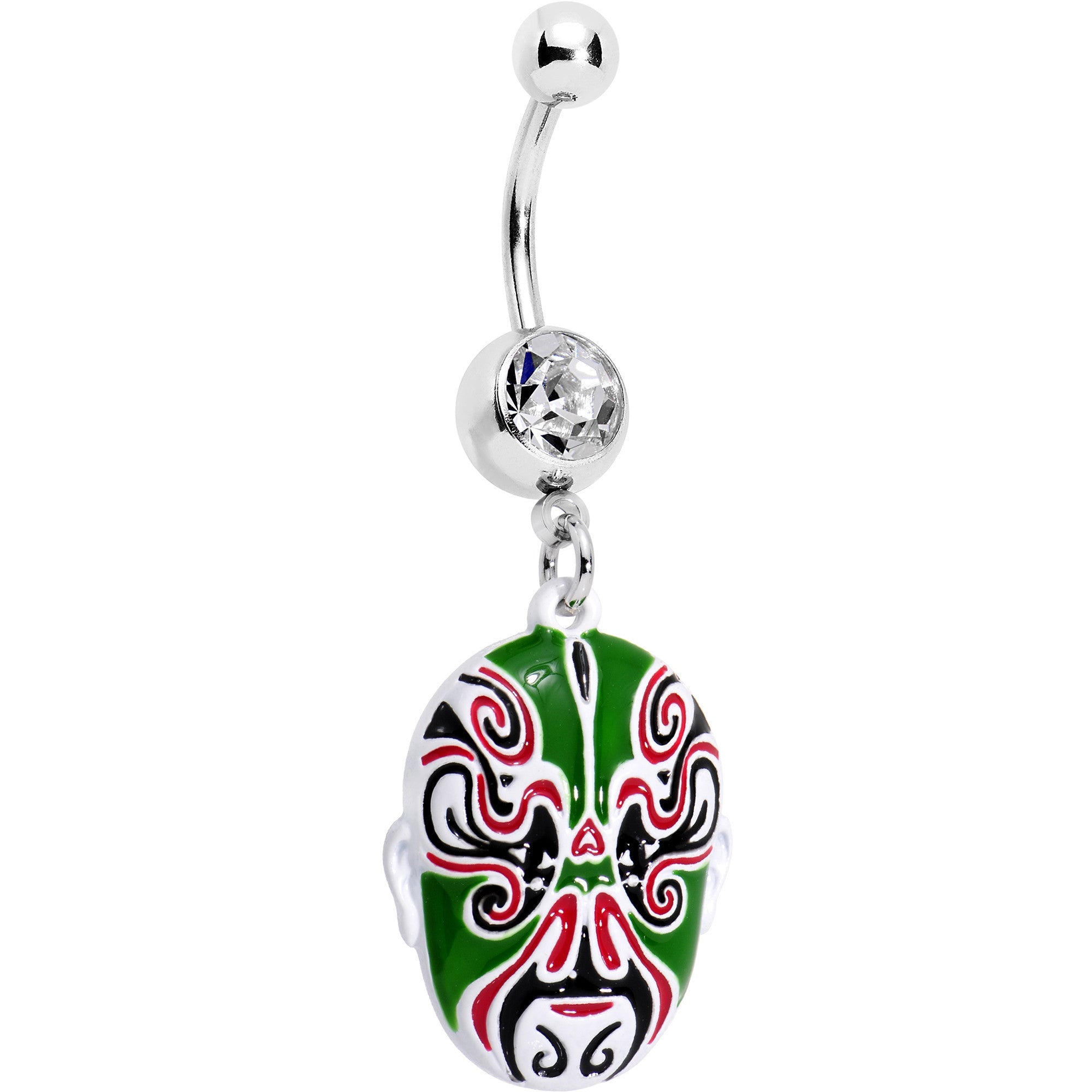 BodyCandy Clear Gem Green Red Samurai Warrior Mask Dangle Belly Ring — main product shot