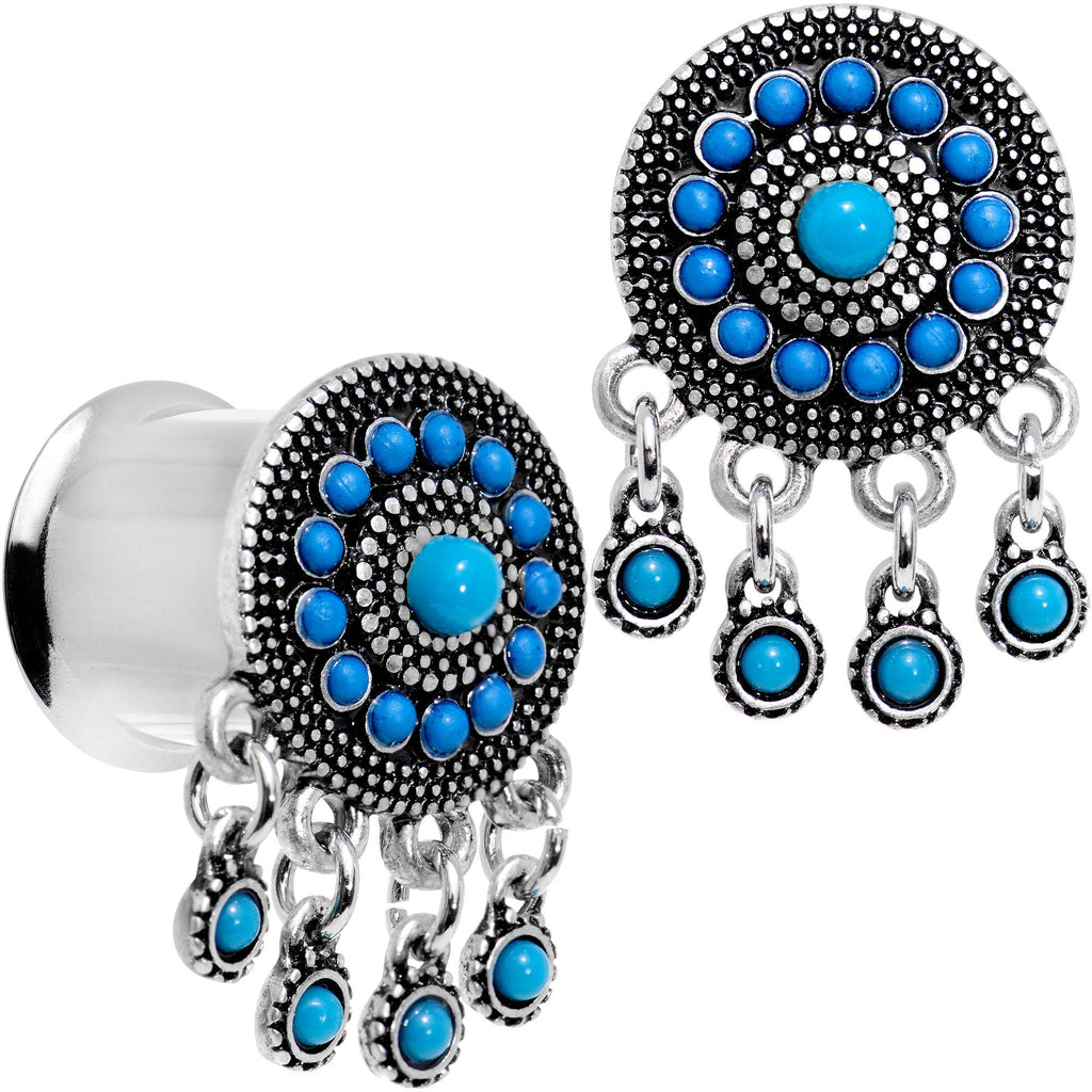 BodyCandy Southwest Blue Drum Dreamcatcher Dangle Double Flare Plug Set 6mm to 25mm — in-use photo