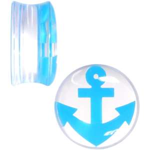BodyCandy Clear Acrylic Double Flare Blue Turquoise  Anchor Saddle Plug Set 18mm - 20mm — detail close-up