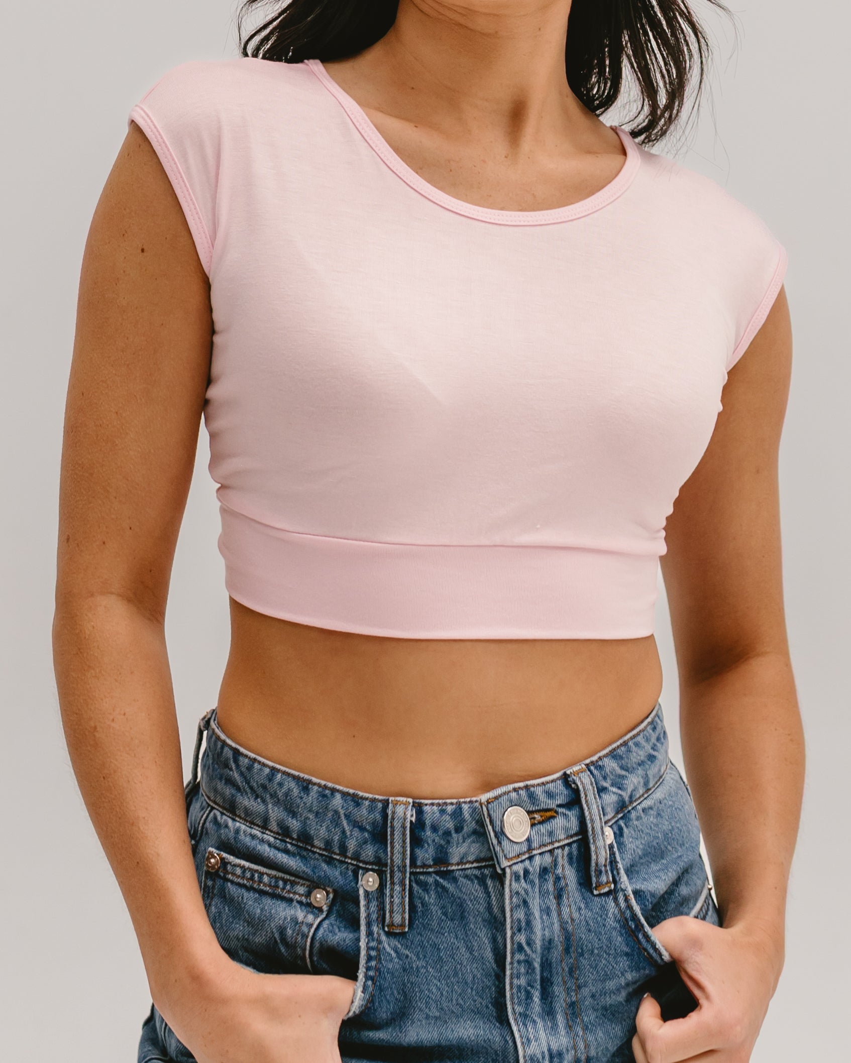 HALFTEE Layering Fashions Classic Basic Cap Sleeve — HALFTEE Layering Fashions branding close-up