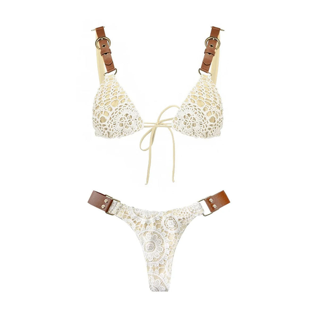 White Crochet 3 Piece Bikini Set Women Swimsuit Tatting Beachwear