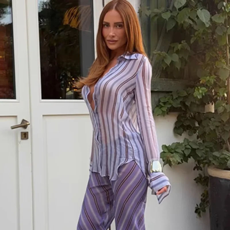 Women's See-Through Striped Blouse & Wide Leg Pants Set