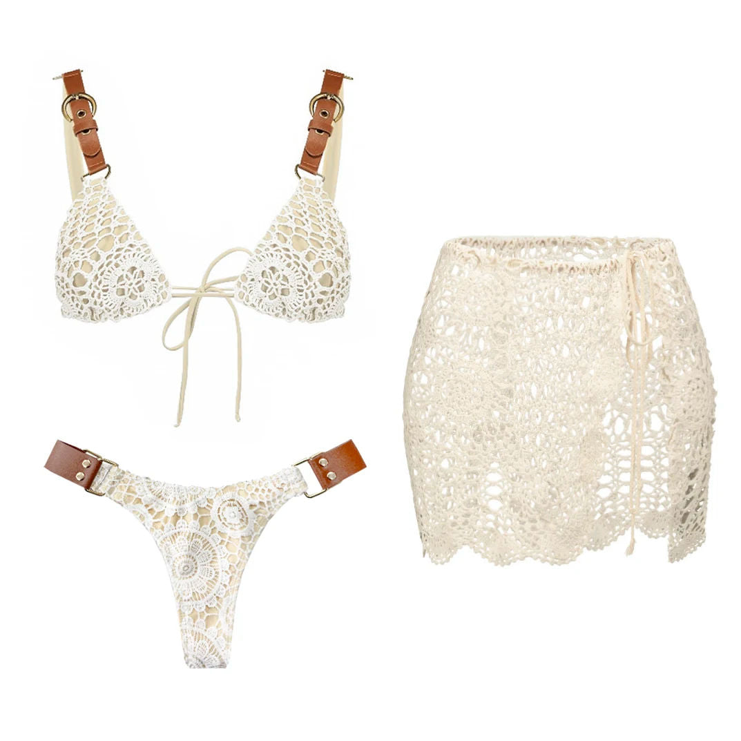 White Crochet 3 Piece Bikini Set Women Swimsuit Tatting Beachwear