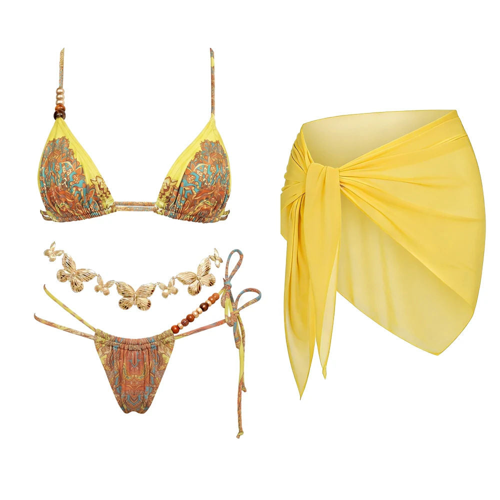 Beaded Print Halter Bikini Set High Leg Low Waist