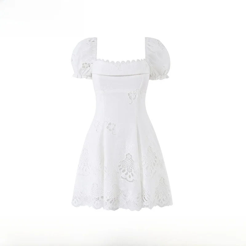 Women's Cotton Lace Embroidered Hollow Out Bubble Sleeve A-Line Mini Dress