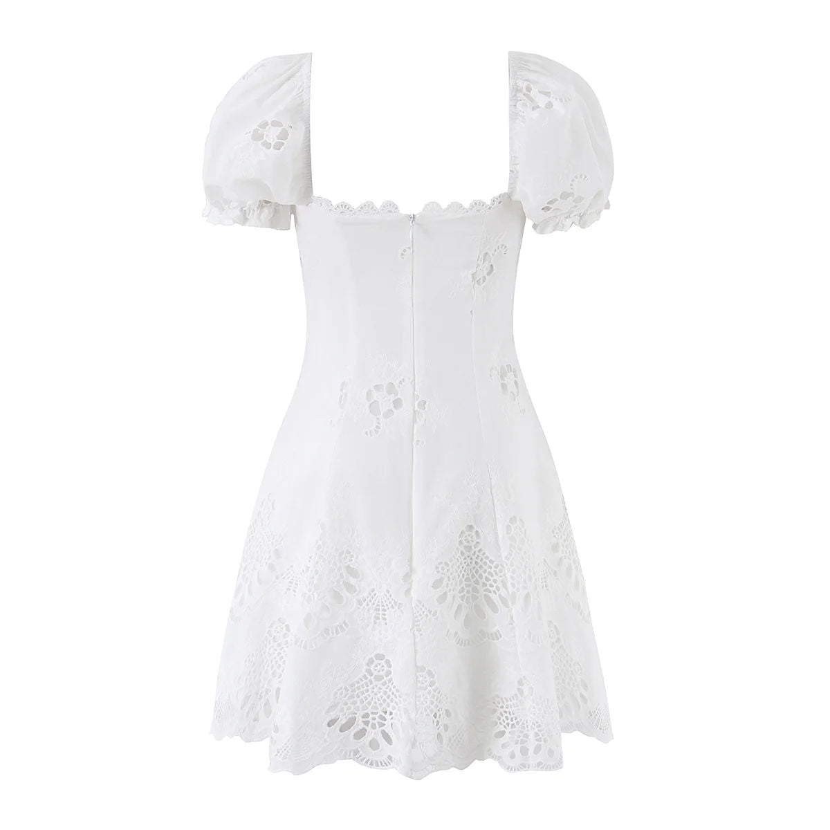 Women's Cotton Lace Embroidered Hollow Out Bubble Sleeve A-Line Mini Dress