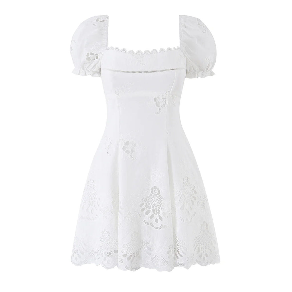 Women's Cotton Lace Embroidered Hollow Out Bubble Sleeve A-Line Mini Dress