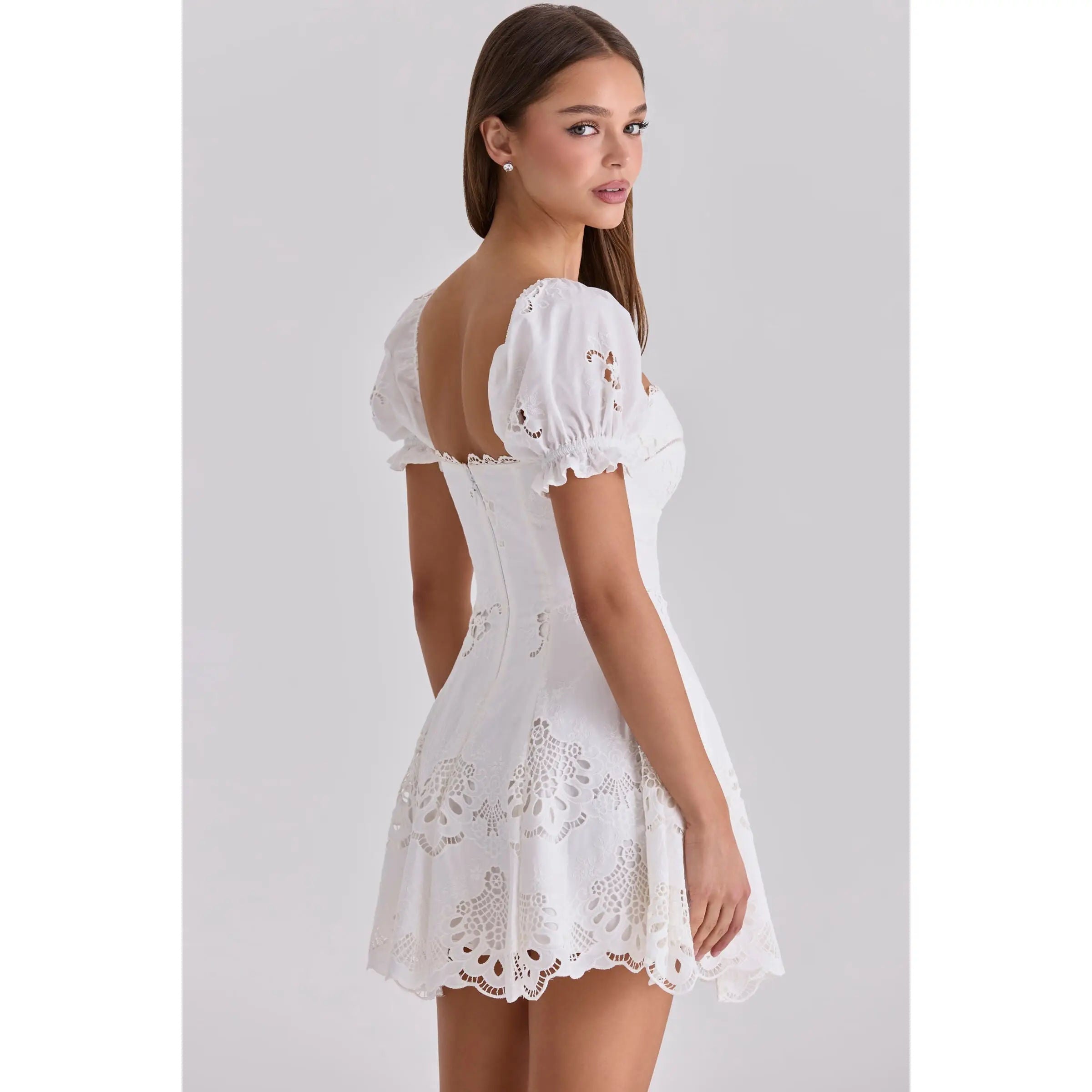 Women's Cotton Lace Embroidered Hollow Out Bubble Sleeve A-Line Mini Dress