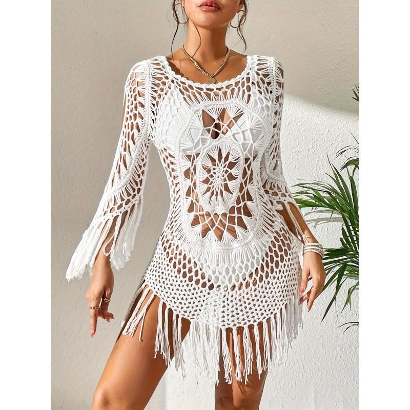 Women's Crochet Beach Cover-Up Tassel Cutout Three-Quarter Sleeve Round Neck
