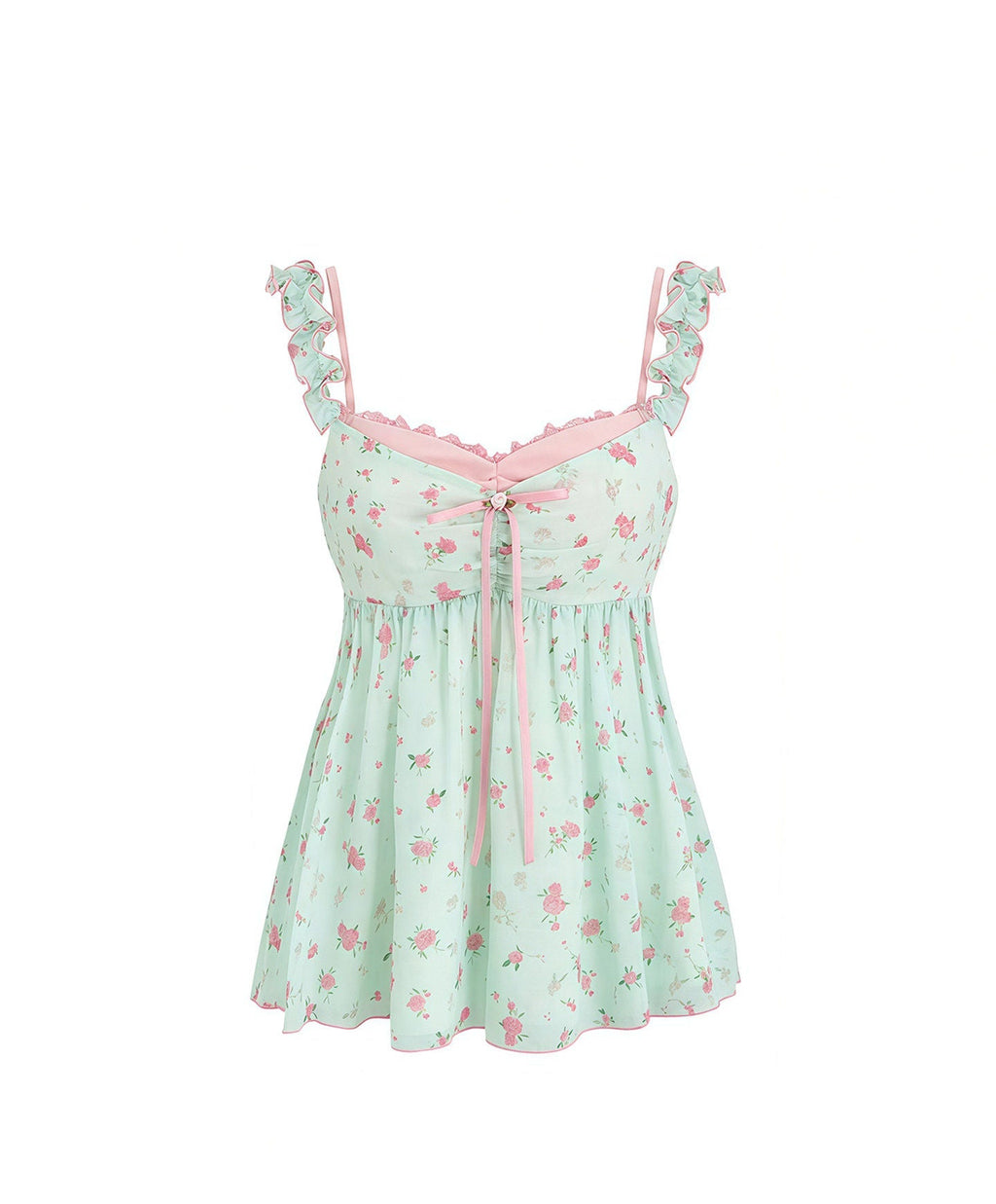 Pure Desire Sweet Floral Camisole Top Women's Mint Green Ruffle Loose Casual