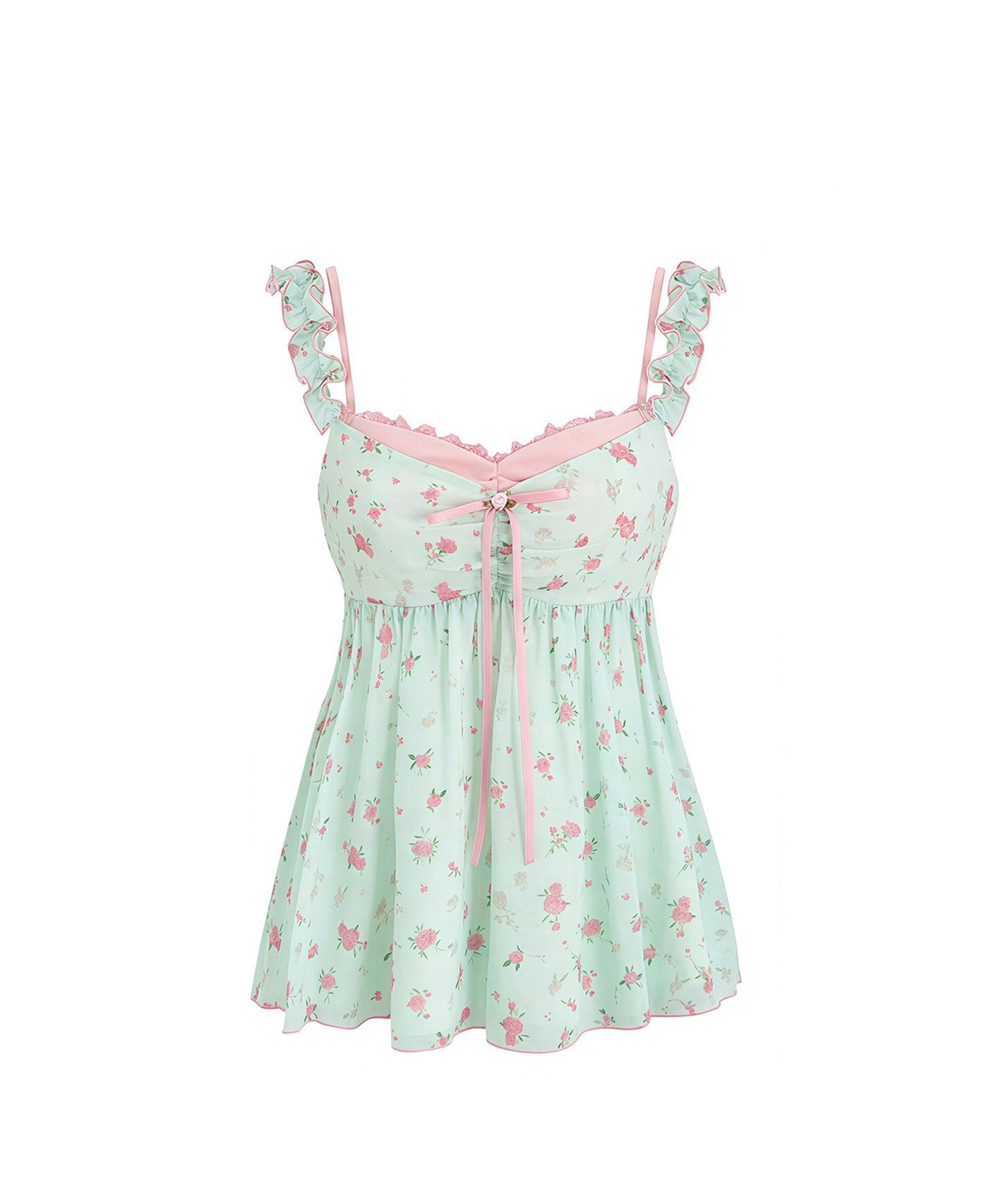 Pure Desire Sweet Floral Camisole Top Women's Mint Green Ruffle Loose Casual