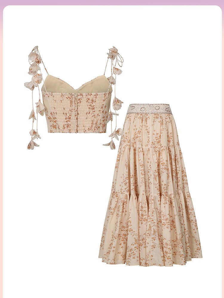 Vintage Floral Print Camisole Top And High Waist Skirt Two-Piece Set For Women