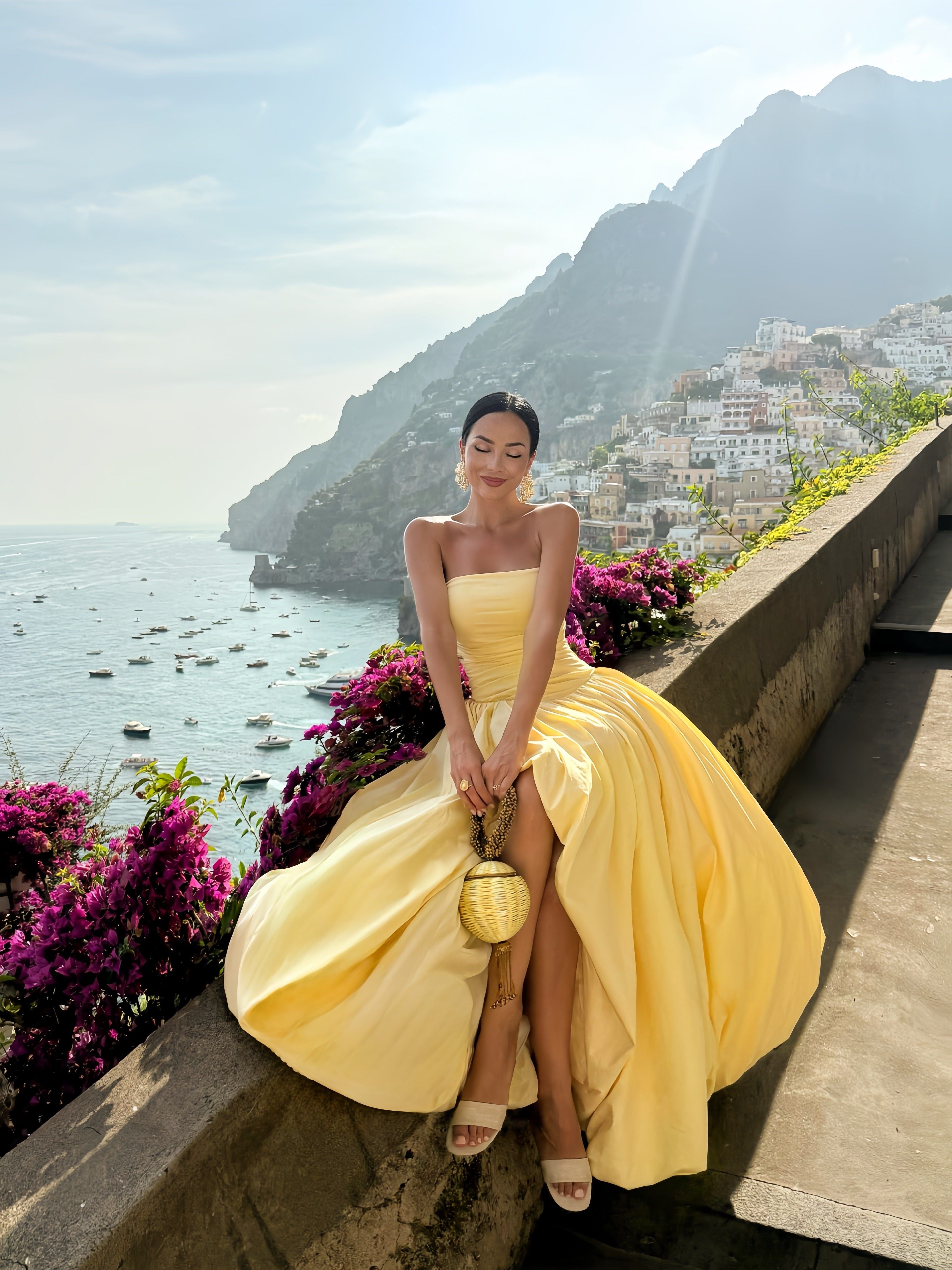 French Style Off-Shoulder Split Midi Dress Ruched Waist Slimming A-Line Skirt Vacation