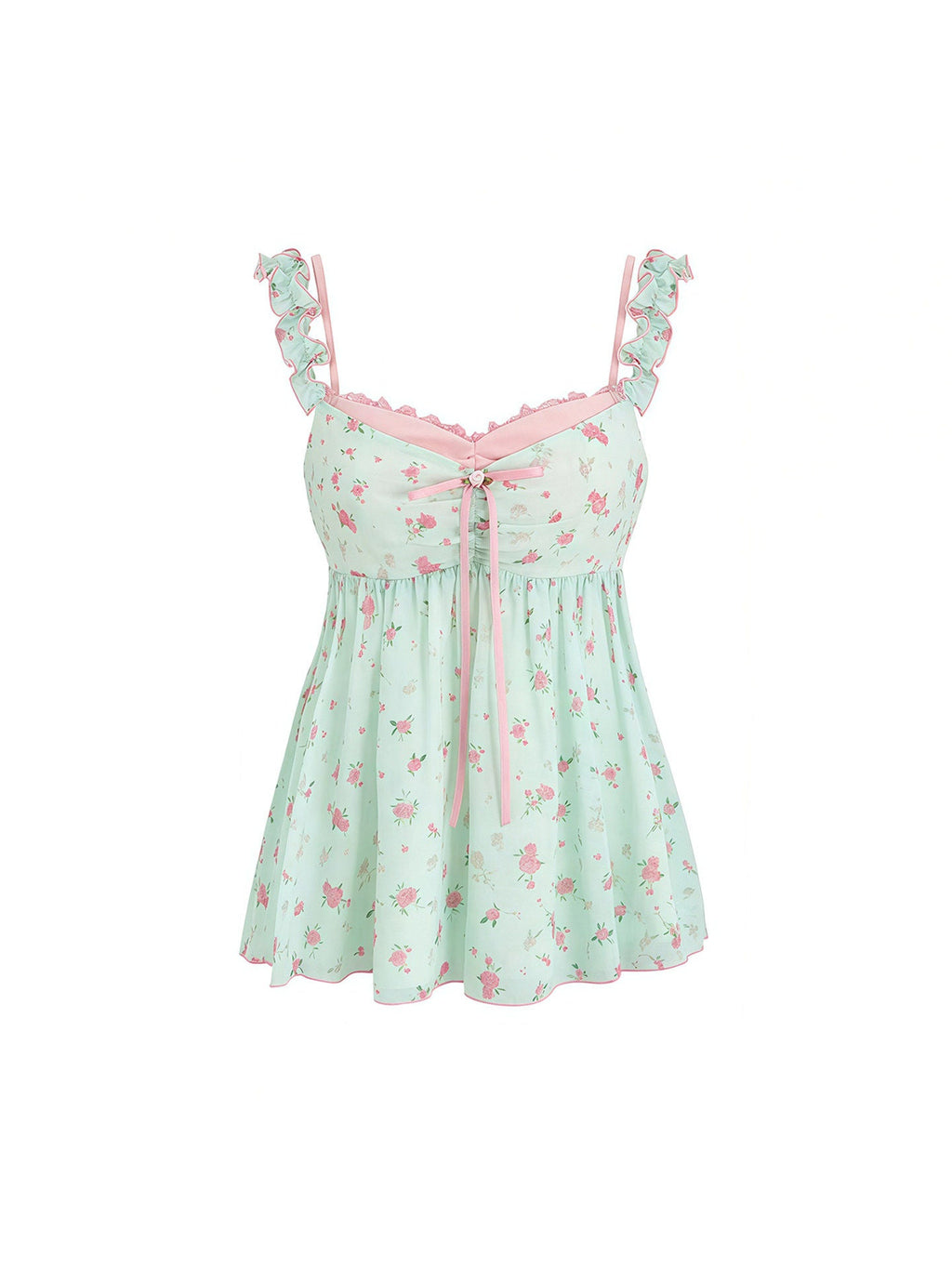 Pure Desire Sweet Floral Camisole Top Women's Mint Green Ruffle Loose Casual