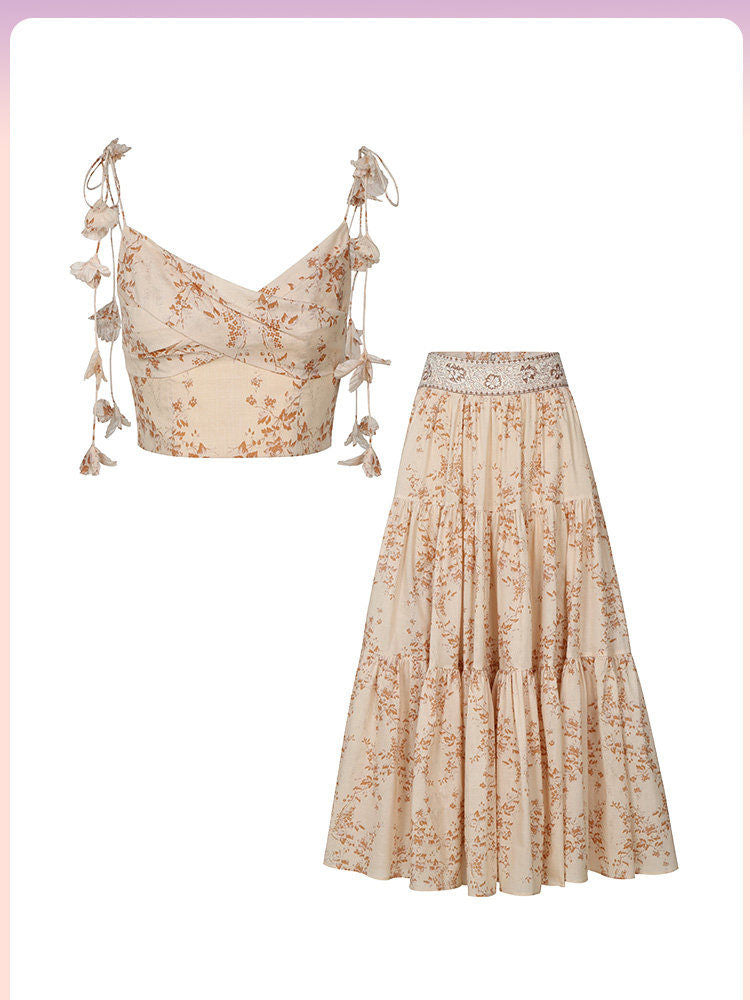 Vintage Floral Print Camisole Top And High Waist Skirt Two-Piece Set For Women