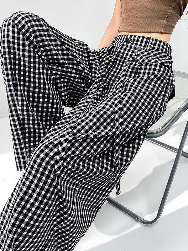 High Waist Loose Fit Casual Wide Leg Pants Women's Retro Plaid Dopamine Pants