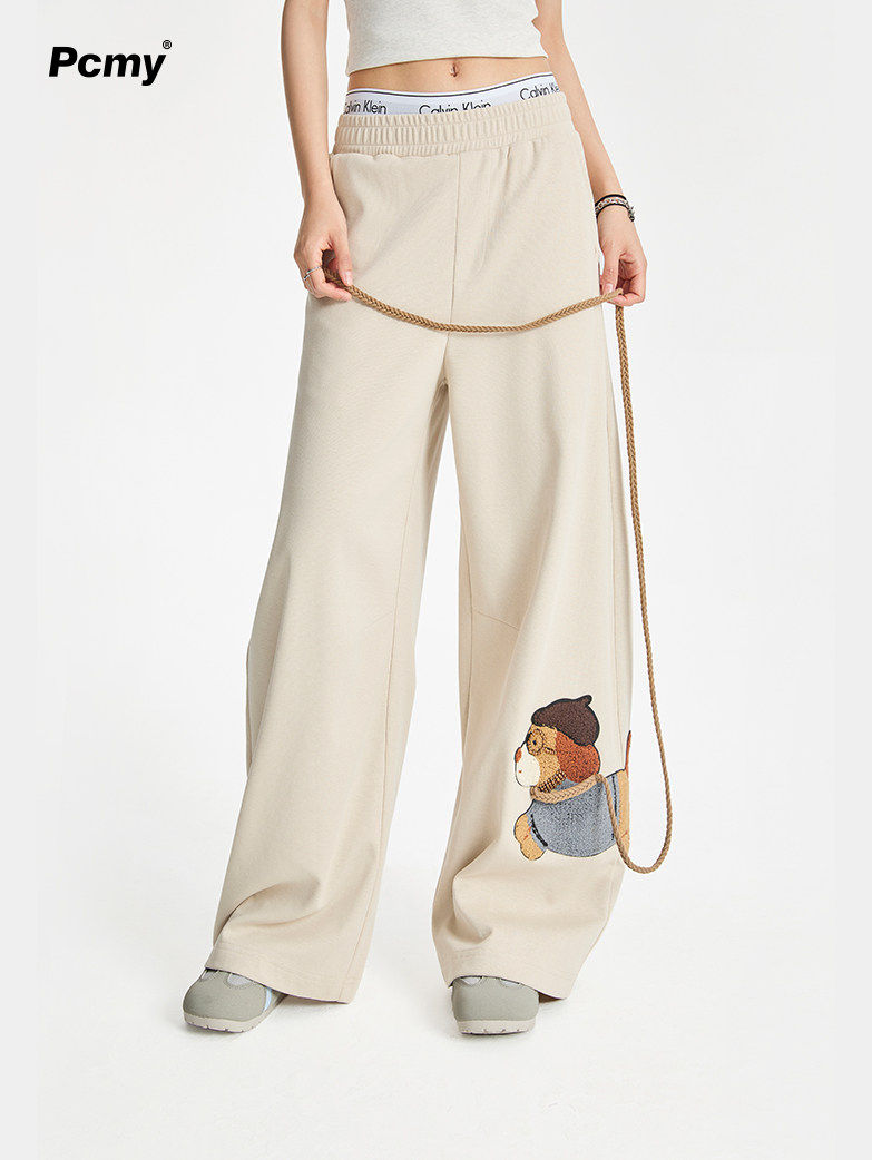 Leash Puppy Embroidery Straight Wide Leg Pants Casual Loose Walking Trousers Flattering Long Pants