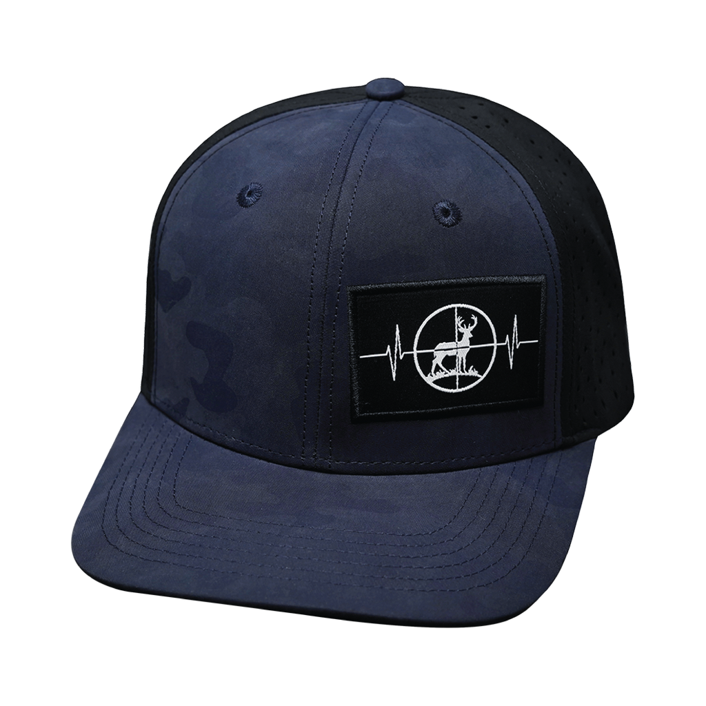 The Heartbeat Brand Hunting Hat - Baseball Hat Fit - Soft Blue Camo / Black - Laser Mesh — back view