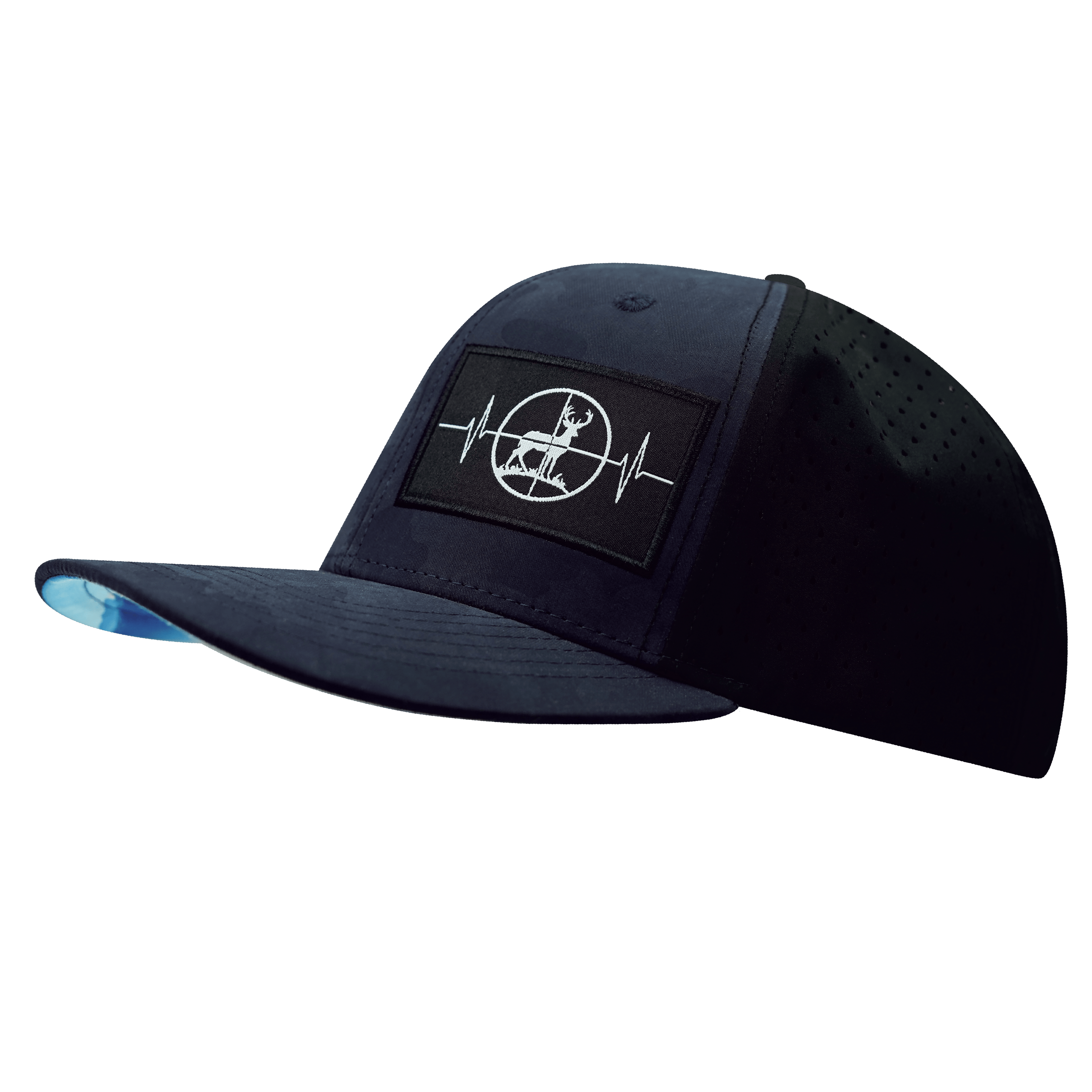 The Heartbeat Brand Hunting Hat - Baseball Hat Fit - Soft Blue Camo / Black - Laser Mesh — side view