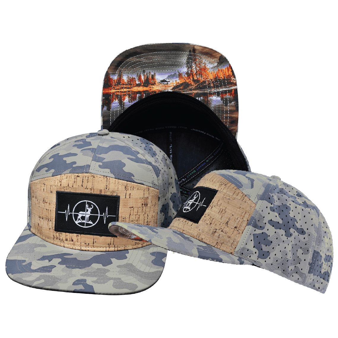 The Heartbeat Brand Hunting Hat - Flat Bill - Cork - Soft Sand Camo - Laser Mesh — main product shot