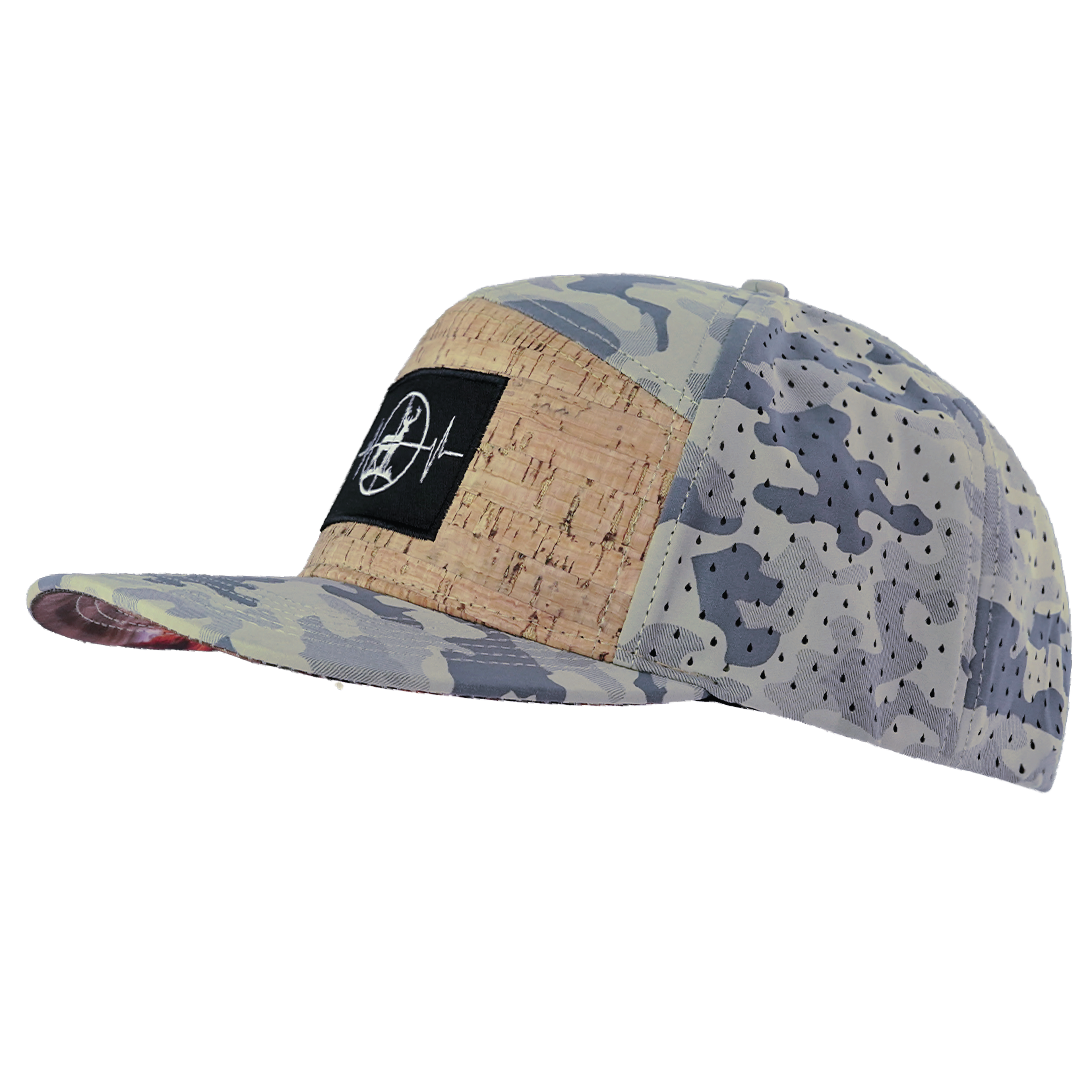 The Heartbeat Brand Hunting Hat - Flat Bill - Cork - Soft Sand Camo - Laser Mesh — side view