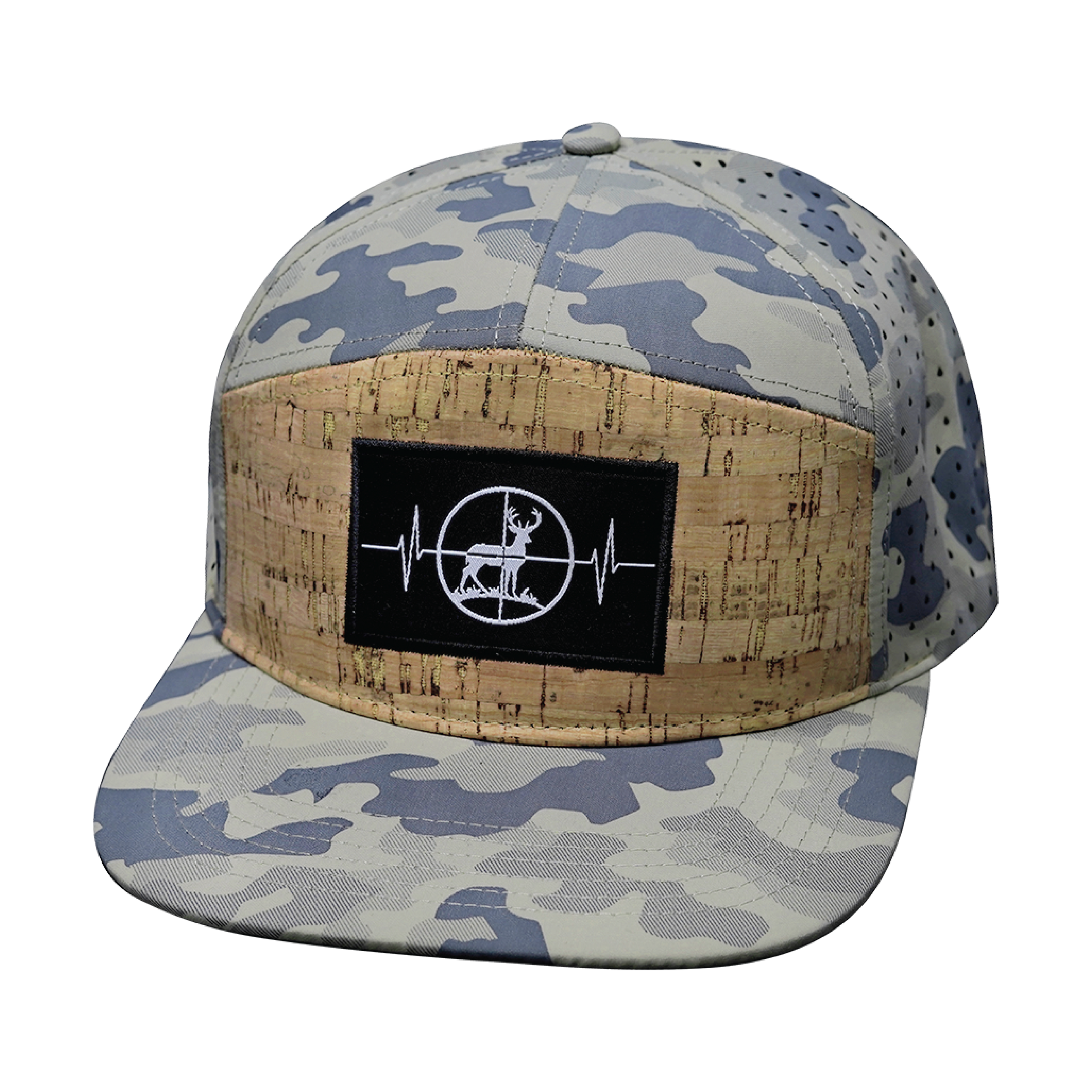 The Heartbeat Brand Hunting Hat - Flat Bill - Cork - Soft Sand Camo - Laser Mesh — back view