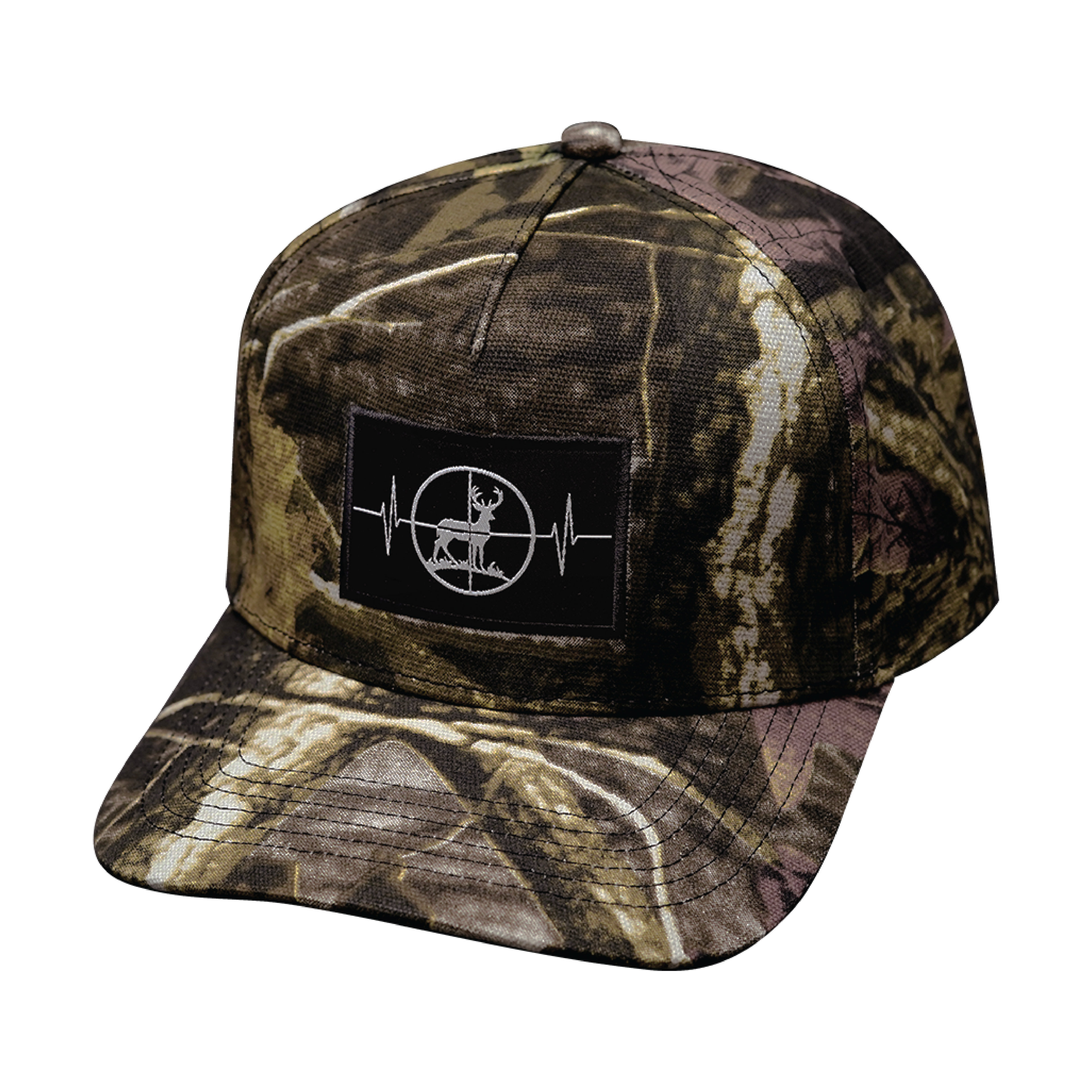 The Heartbeat Brand Hunting Hat - Trucker Hat - Tan Tree Camo - Fabric Back — side view