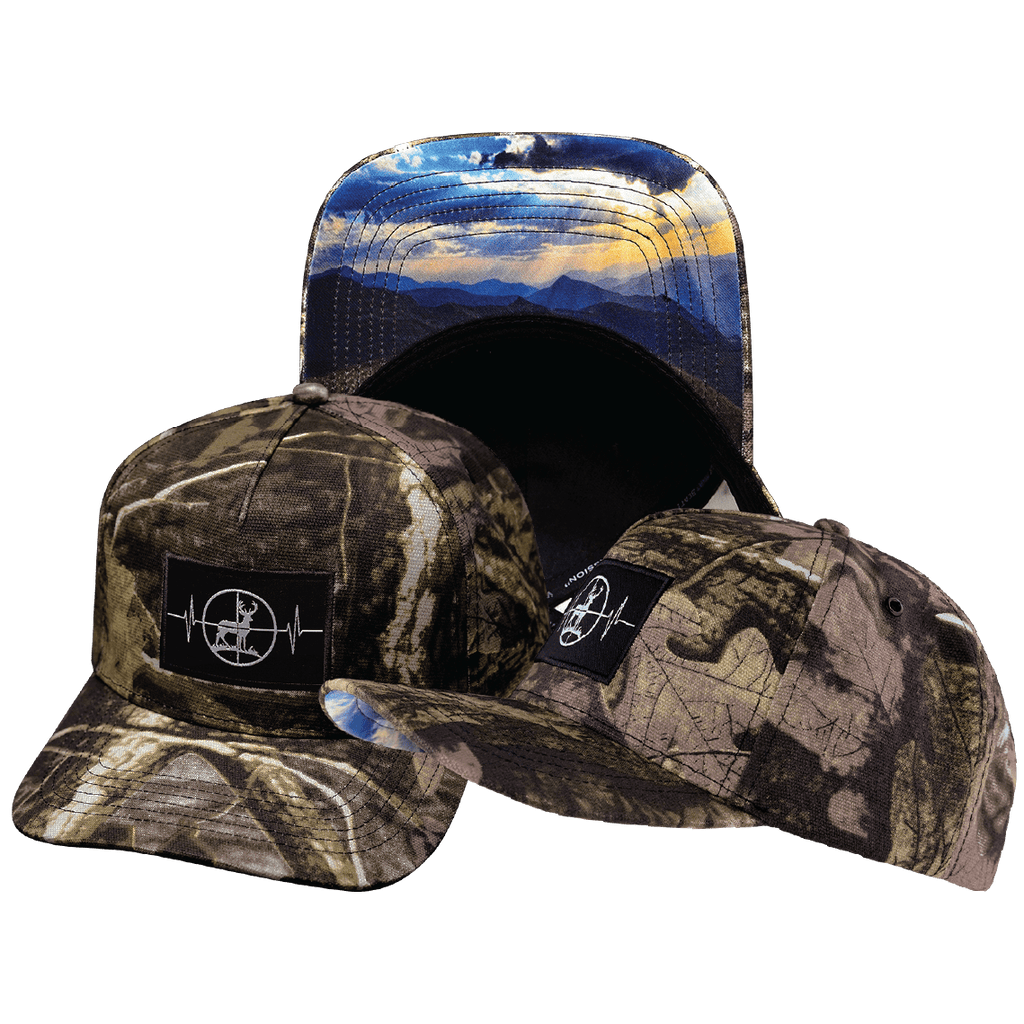 The Heartbeat Brand Hunting Hat - Trucker Hat - Tan Tree Camo - Fabric Back — main product shot