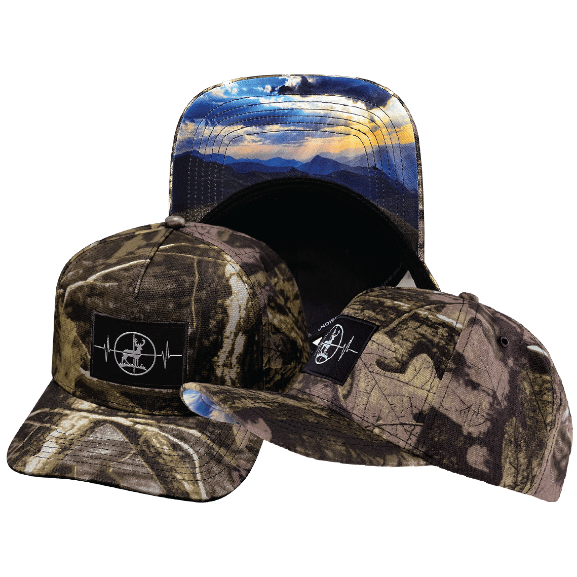 The Heartbeat Brand Hunting Hat - Trucker Hat - Tan Tree Camo - Fabric Back — main product shot