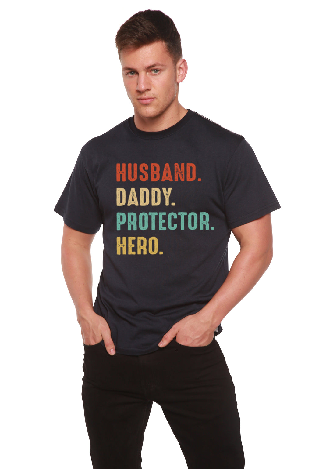Spun Bamboo Husband, Daddy, Protector, Hero Men's Bamboo Viscose/Organic Cotton Short Sleeve Graphic T-Shirt — packaging