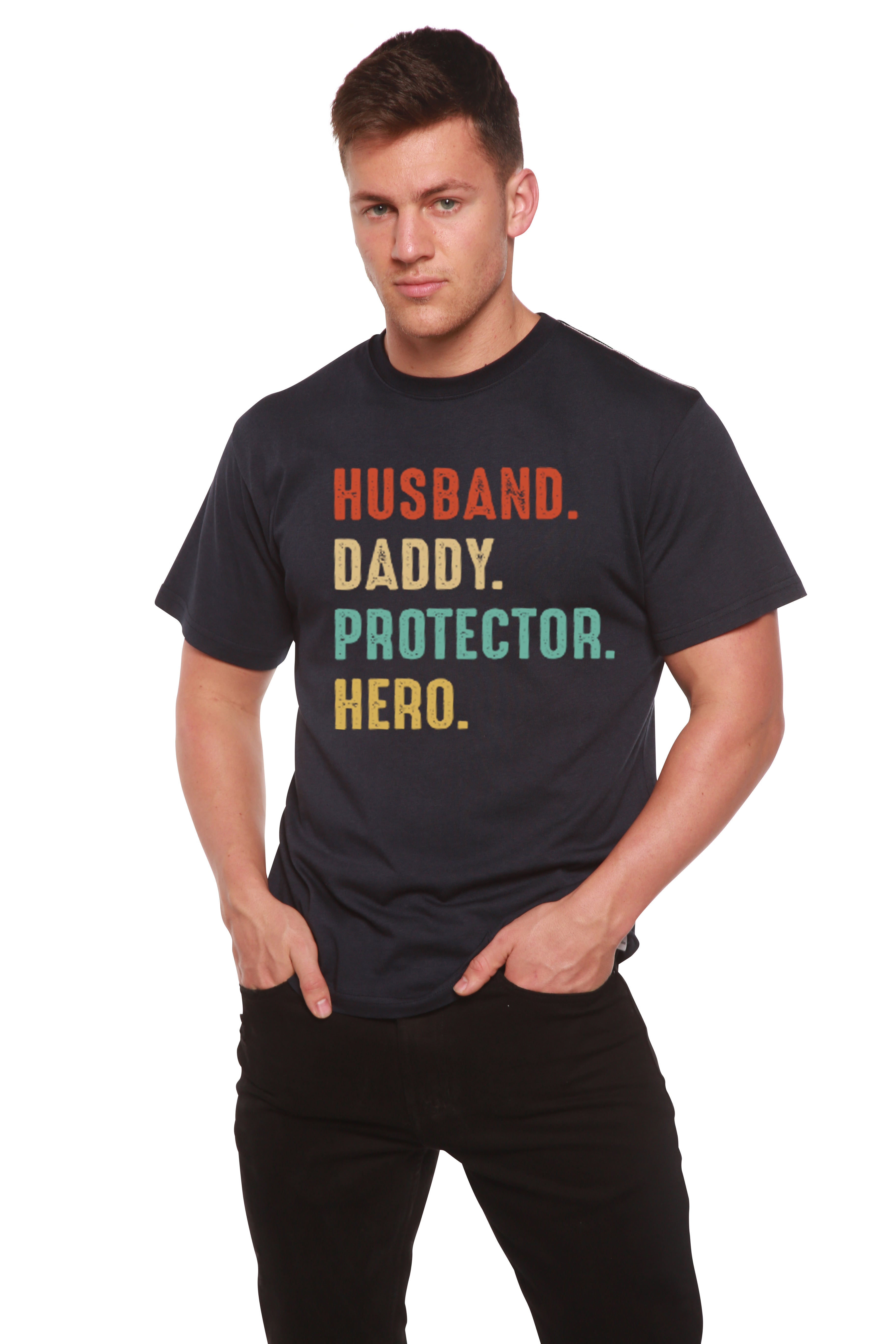 Spun Bamboo Husband, Daddy, Protector, Hero Men's Bamboo Viscose/Organic Cotton Short Sleeve Graphic T-Shirt — packaging