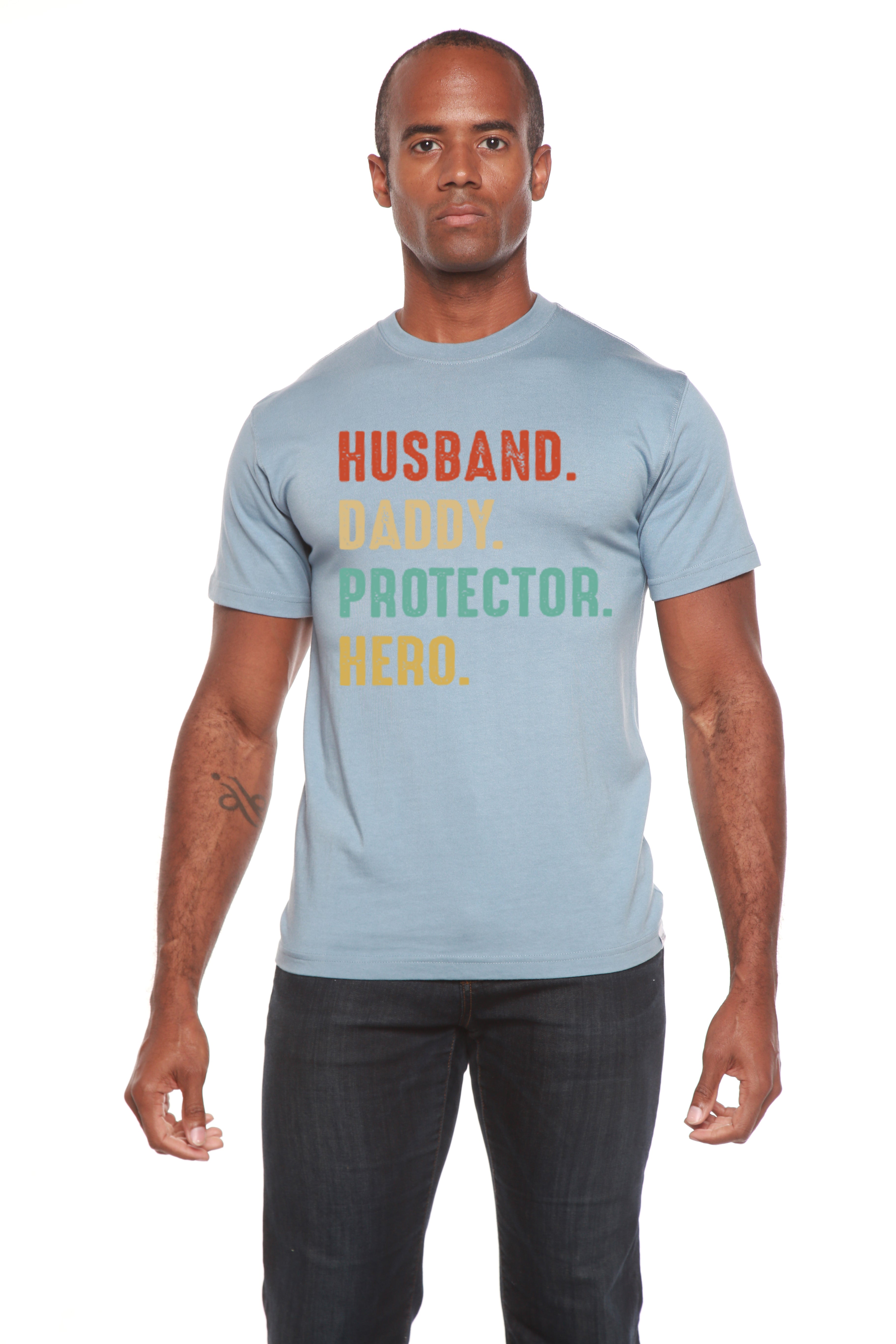 Spun Bamboo Husband, Daddy, Protector, Hero Men's Bamboo Viscose/Organic Cotton Short Sleeve Graphic T-Shirt — feature highli