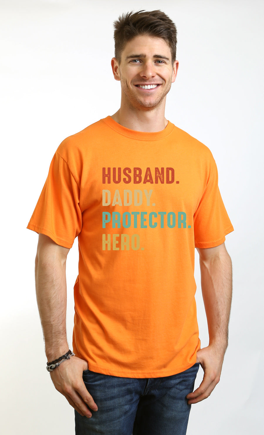 Spun Bamboo Husband, Daddy, Protector, Hero Men's Bamboo Viscose/Organic Cotton Short Sleeve Graphic T-Shirt — flat-lay compo