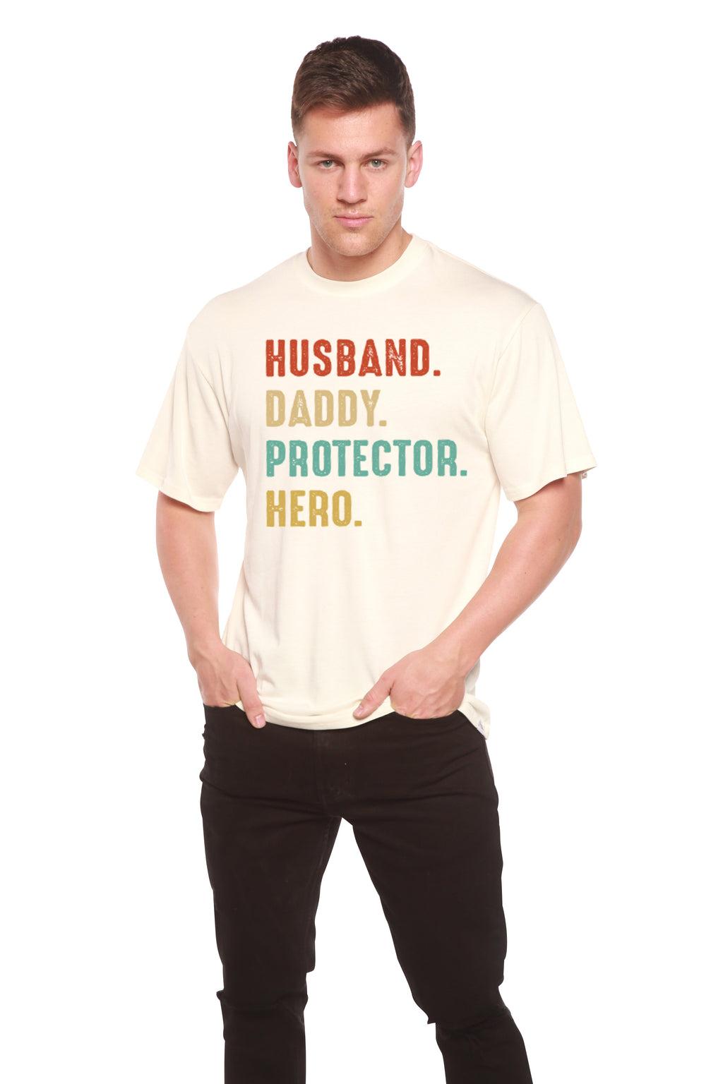 Spun Bamboo Husband, Daddy, Protector, Hero Men's Bamboo Viscose/Organic Cotton Short Sleeve Graphic T-Shirt — color detail