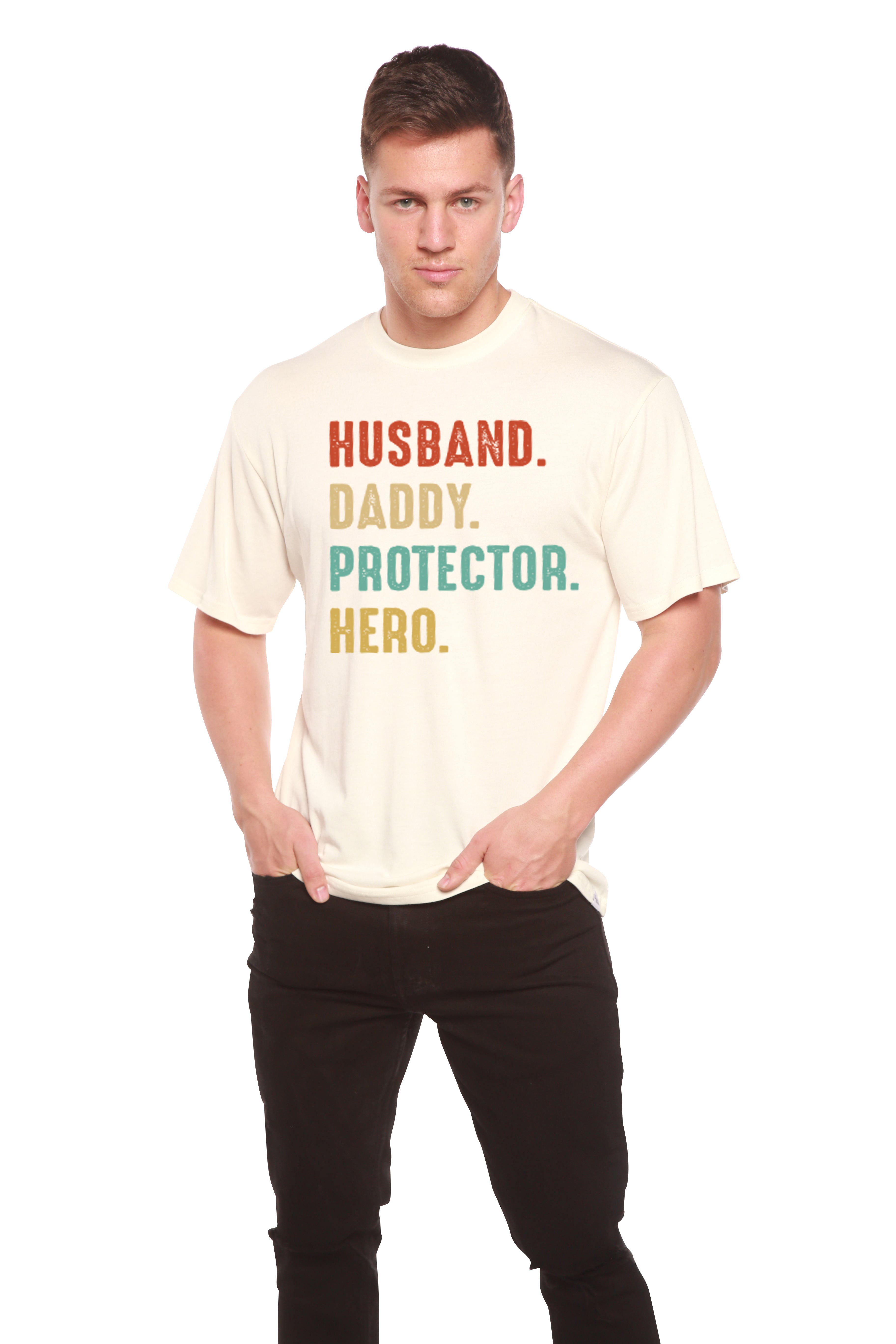 Spun Bamboo Husband, Daddy, Protector, Hero Men's Bamboo Viscose/Organic Cotton Short Sleeve Graphic T-Shirt — color detail