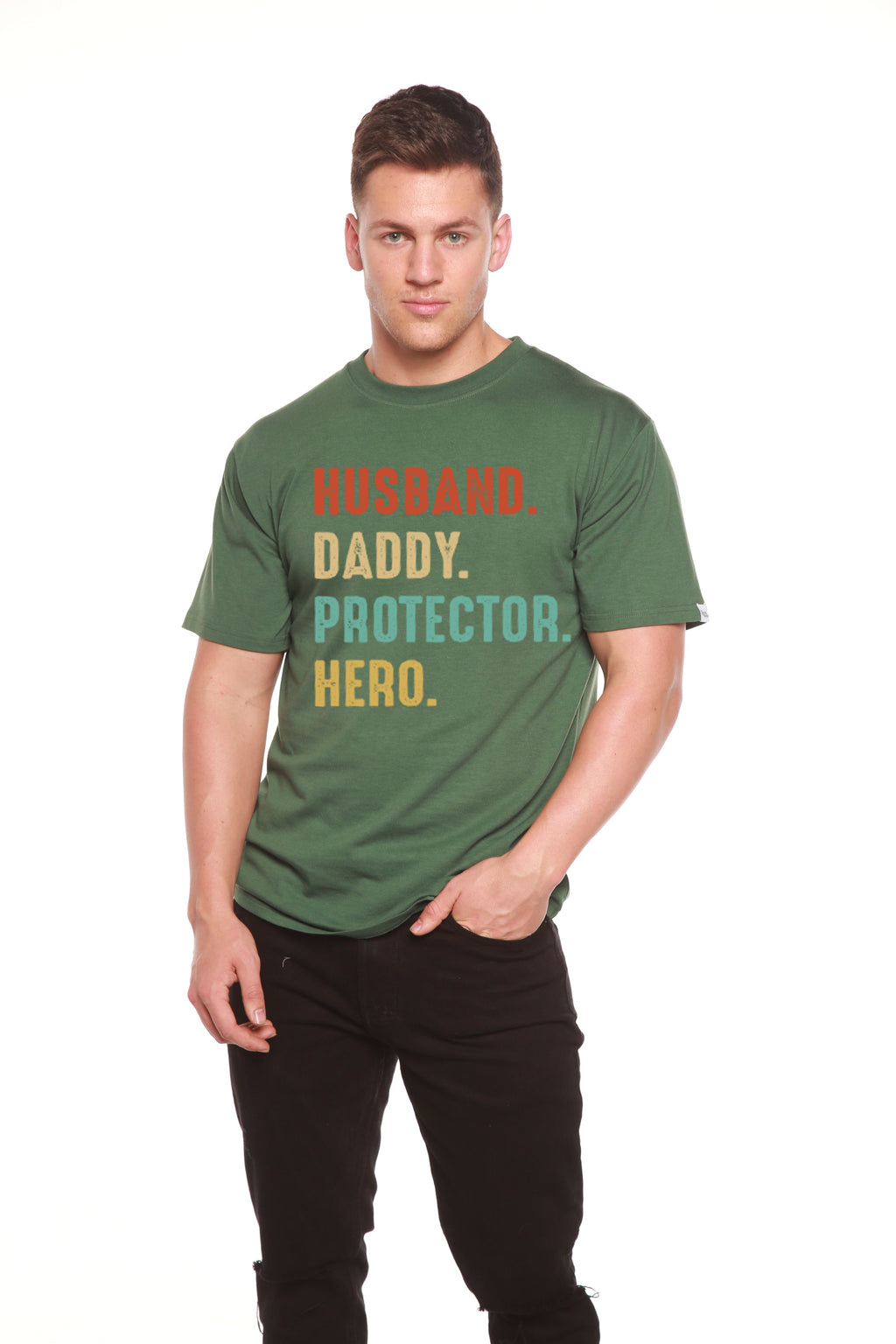 Spun Bamboo Husband, Daddy, Protector, Hero Men's Bamboo Viscose/Organic Cotton Short Sleeve Graphic T-Shirt — comparison sho