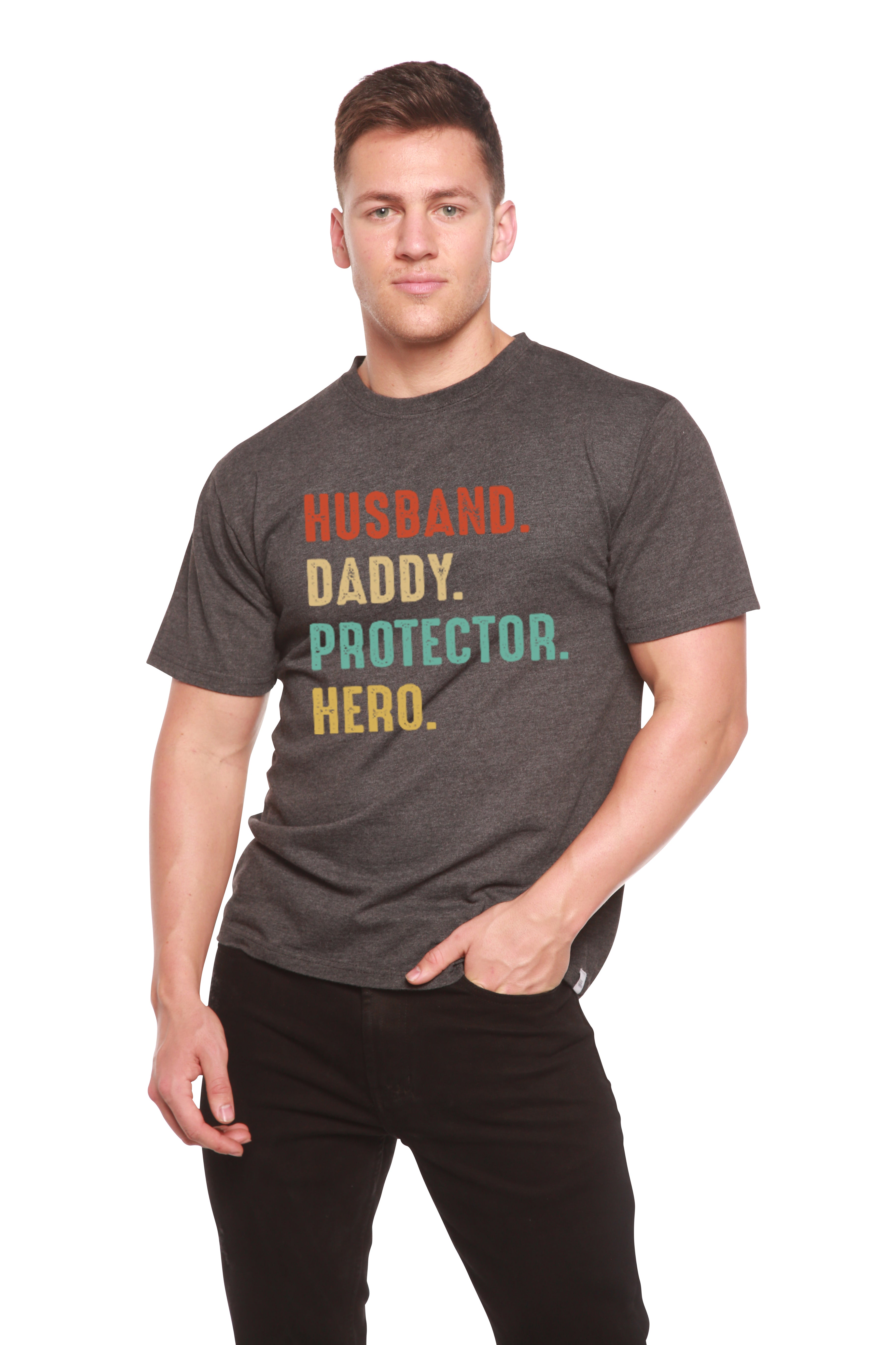 Spun Bamboo Husband, Daddy, Protector, Hero Men's Bamboo Viscose/Organic Cotton Short Sleeve Graphic T-Shirt — back view