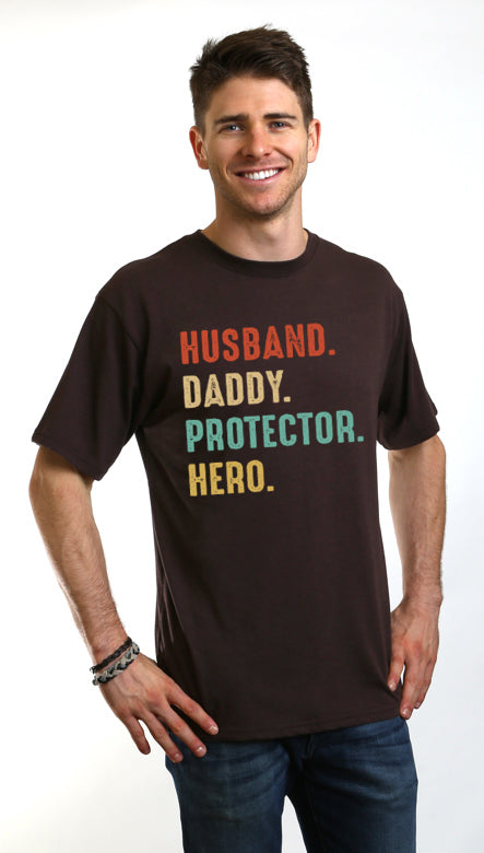 Spun Bamboo Husband, Daddy, Protector, Hero Men's Bamboo Viscose/Organic Cotton Short Sleeve Graphic T-Shirt — lifestyle cont