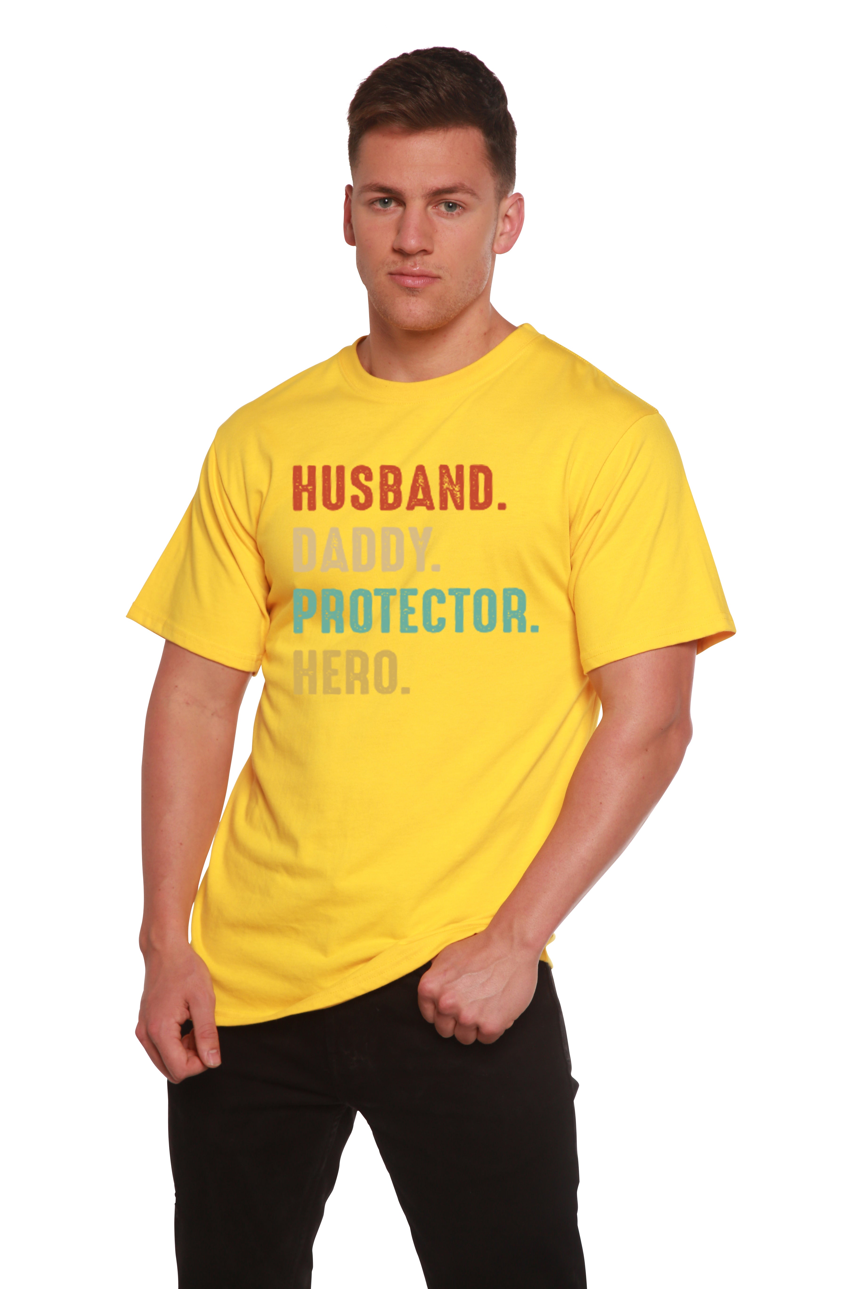Spun Bamboo Husband, Daddy, Protector, Hero Men's Bamboo Viscose/Organic Cotton Short Sleeve Graphic T-Shirt — in-use photo