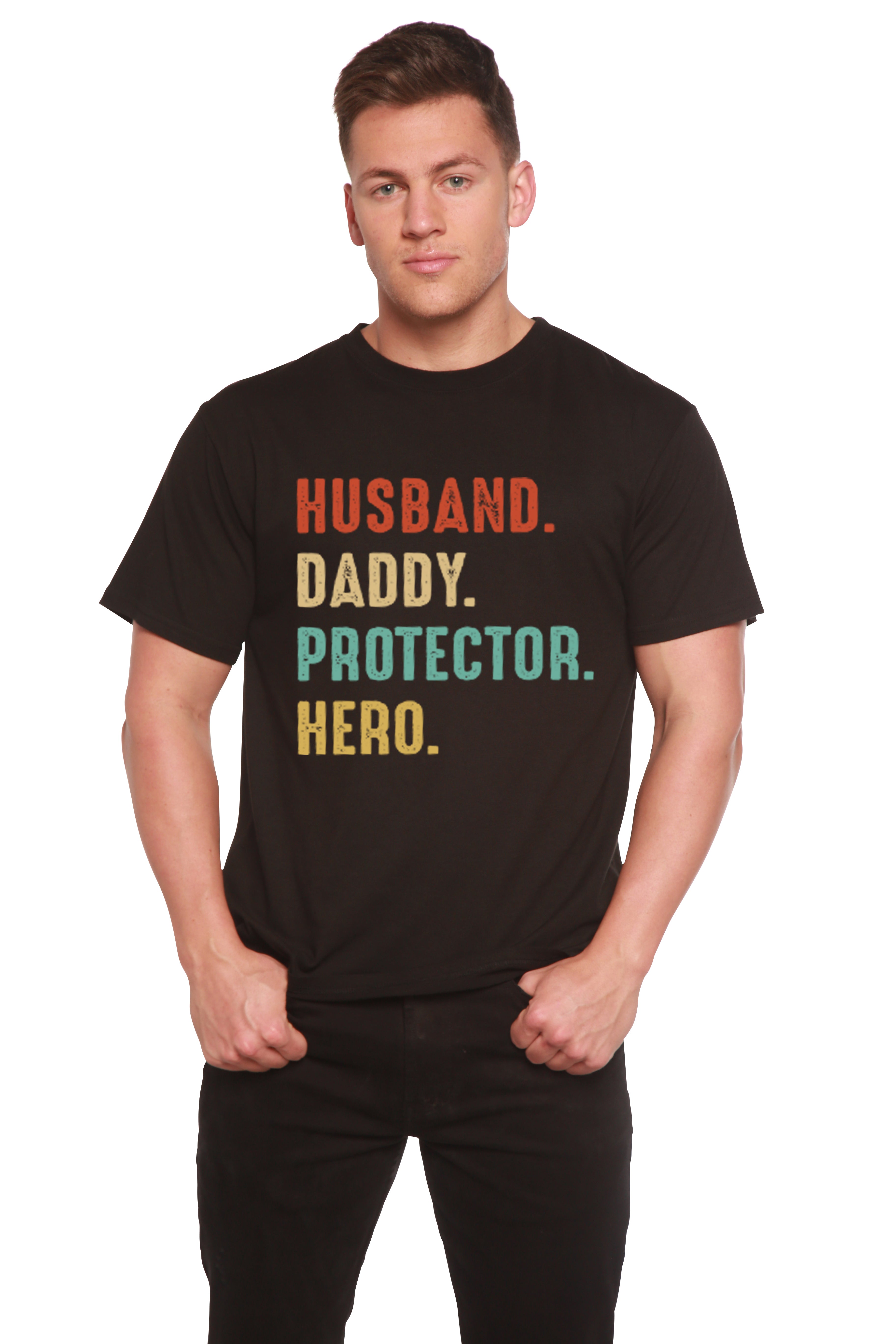 Spun Bamboo Husband, Daddy, Protector, Hero Men's Bamboo Viscose/Organic Cotton Short Sleeve Graphic T-Shirt — side view