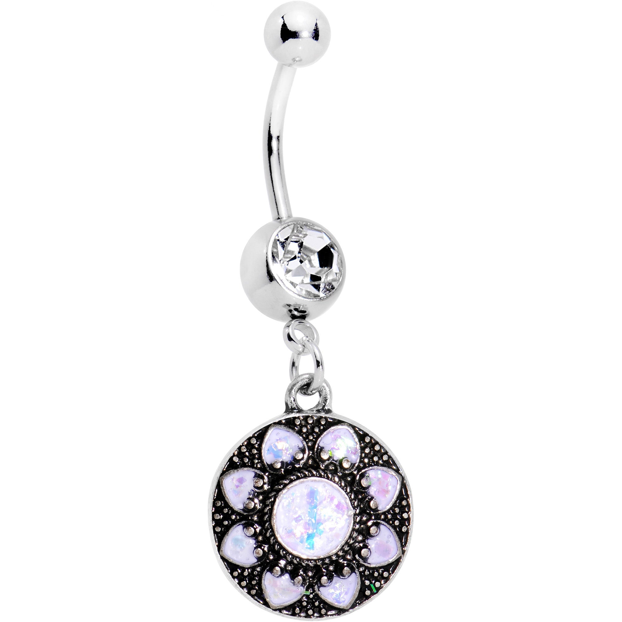 BodyCandy White Faux Opal Enclosed Flower Dangle Belly Ring — main product shot