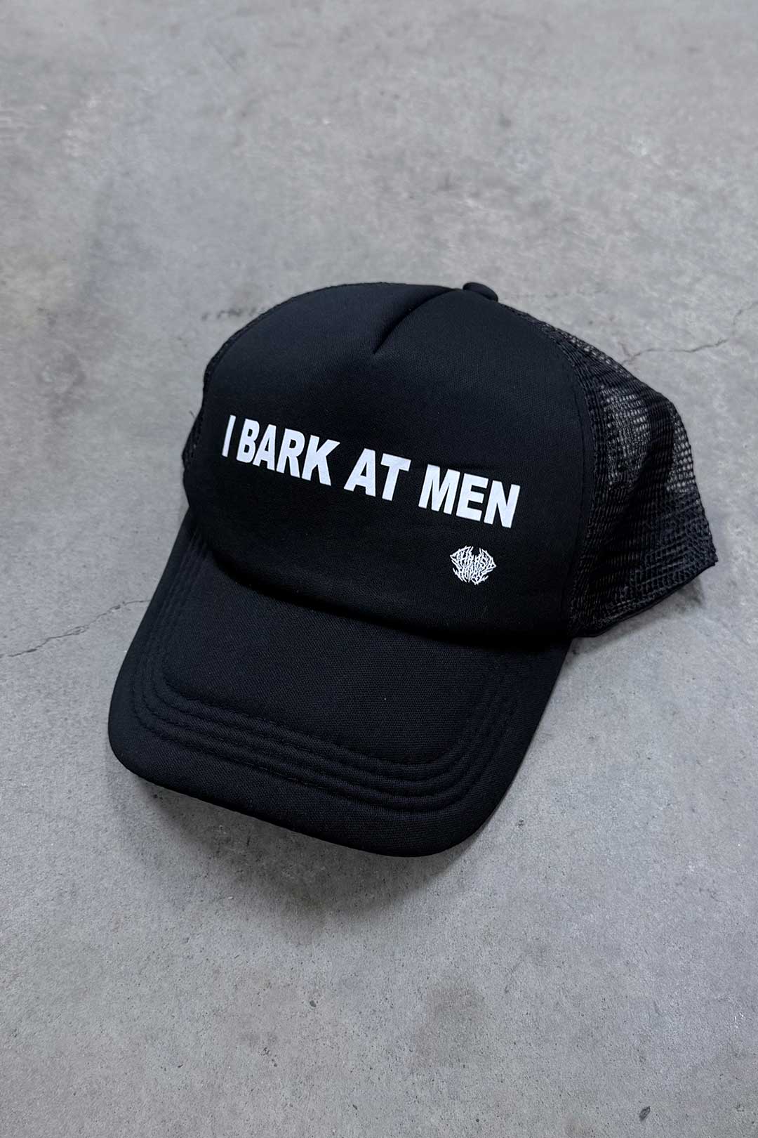 Thrash Happy I Bark At Men Trucker Hat — main product shot