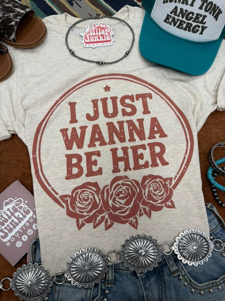 Wild Junkie I Just Wanna Be Her Graphic Tee — Wild Junkie branding close-up
